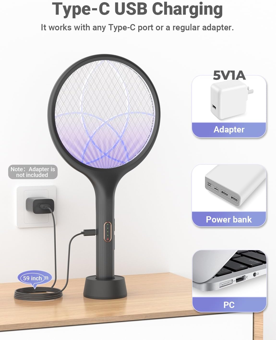 YISSVIC Electric Fly Swatter Bug Zapper Racket Dual Modes Mosquito Killer with Purple Mosquito Light Rechargeable for Indoor Home Office Backyard Patio Camping