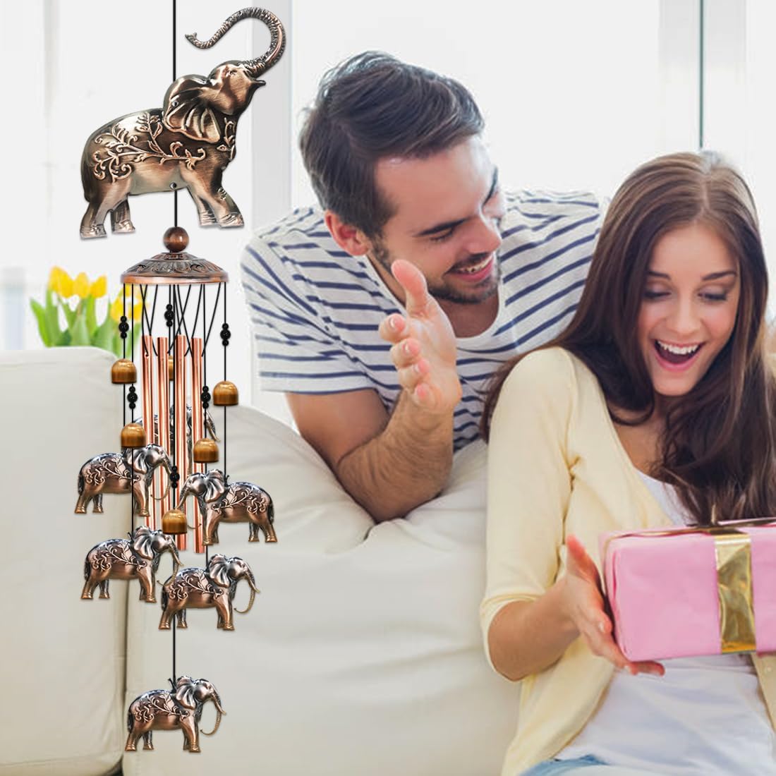JUNQIU Elephant Wind Chimes, Elephant Gifts for Women, Copper Elephant Wind Chime for Outside Yard Garden Decor, Christmas Wind Chimes Gifts for Grandma Mom