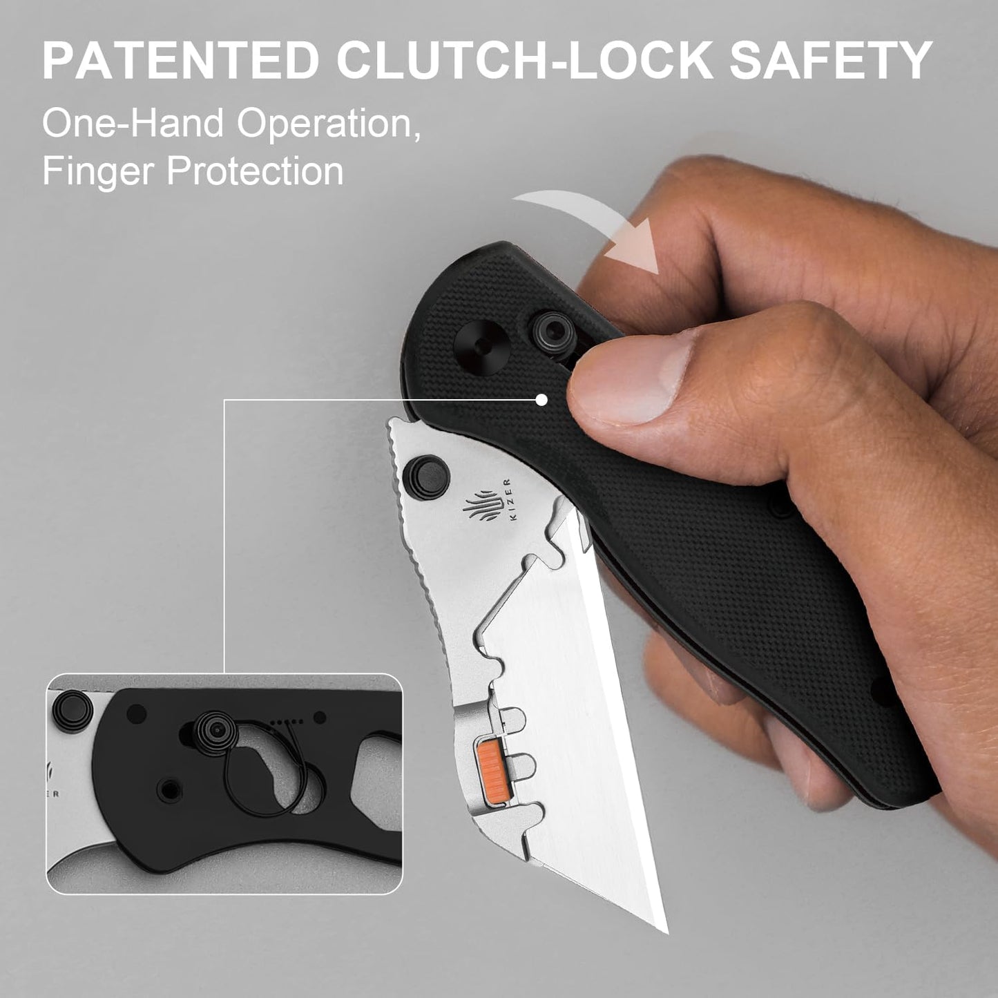 Kizer Uti Bear(Tool-Free Version) Folding Utility Knife, Quick Change Box Cutter EDC knife with 5PCS Razor Blades, Clutch Lock & Pocket Clip Small Pocket Knives for Men Women V3619JM2