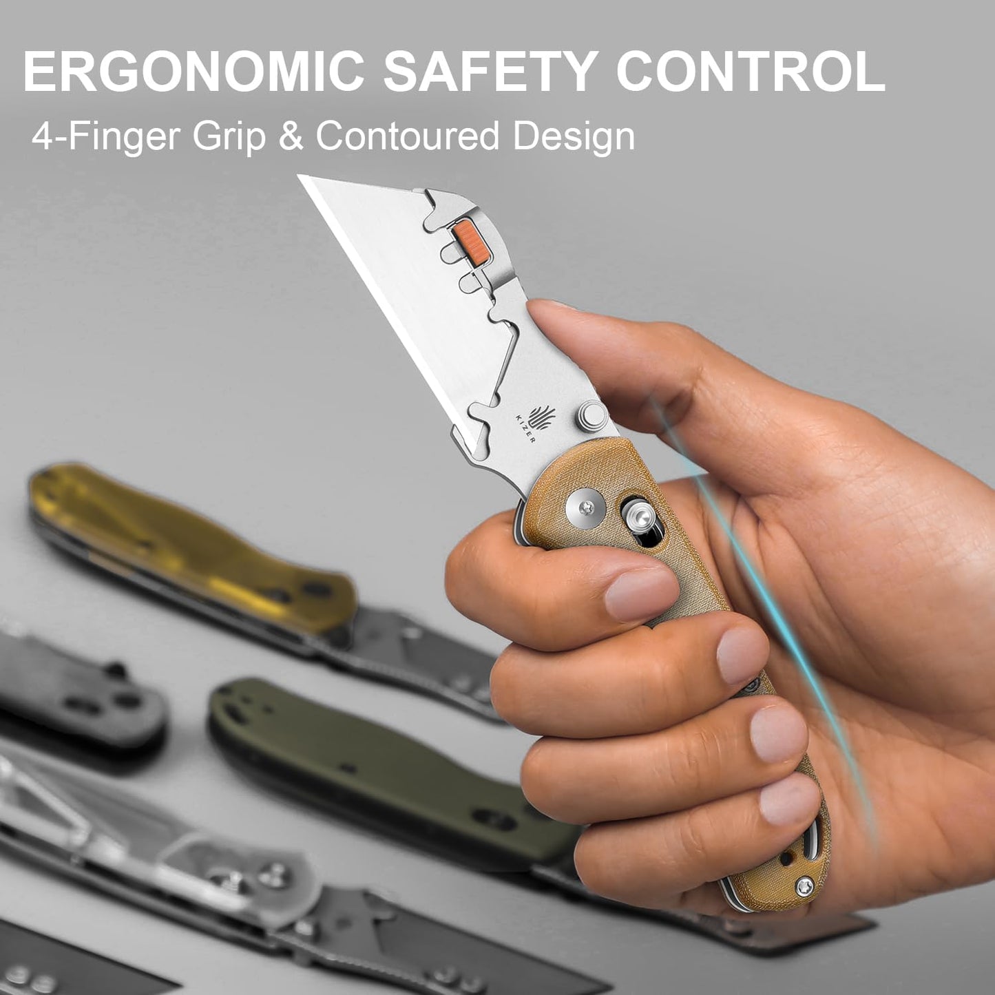 Kizer Uti Bear(Tool-Free Version) Folding Utility Knife, Quick Change Box Cutter EDC knife with 5PCS Razor Blades, Clutch Lock & Pocket Clip Small Pocket Knives for Men Women V3619JA7