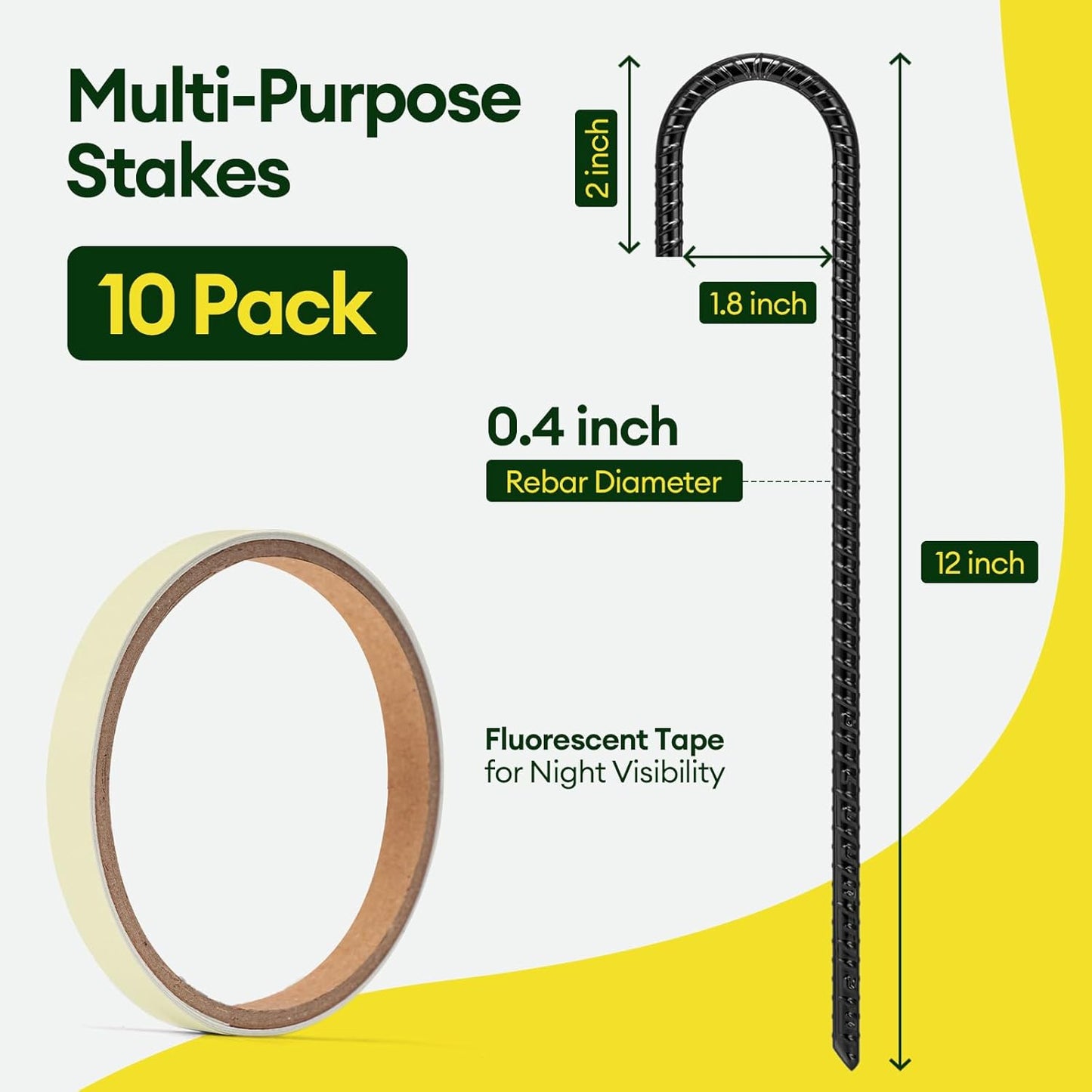 12 Inch Rebar Stakes Heavy Duty 10 Pack, J Hook Ground Stakes, Galvanized Steel Trampoline Stakes, Tent Anchor Kit Anti-Rust, Drip Hose Wind Stakes, Black