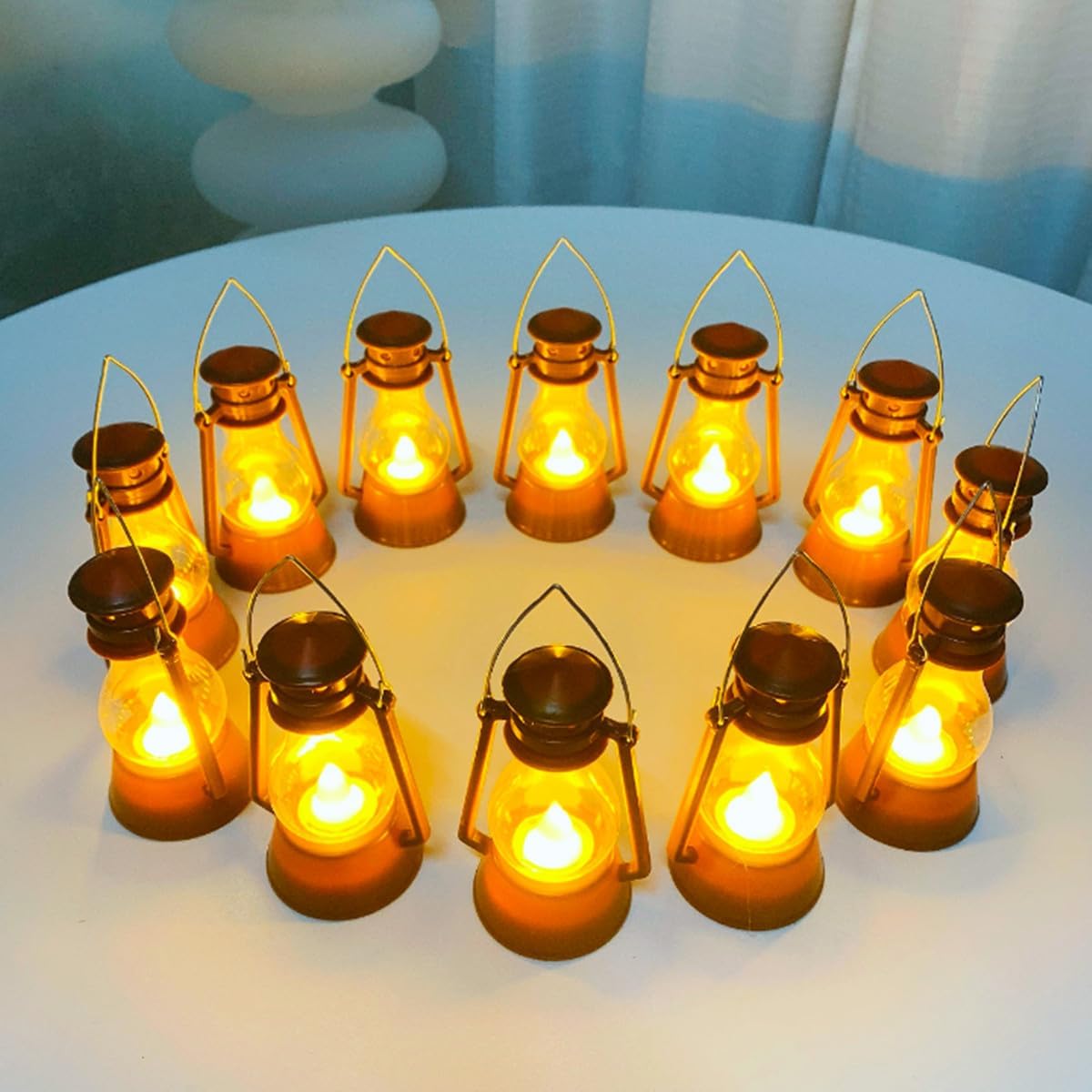12 Pack Mini Lantern for Little Cowboy Centerpieces Tables Ideas Western Party Favor Decorations Wedding Decor Camping with 4inch Flickering LED Candle, Vintage Table Toppers Decorative (Brown)