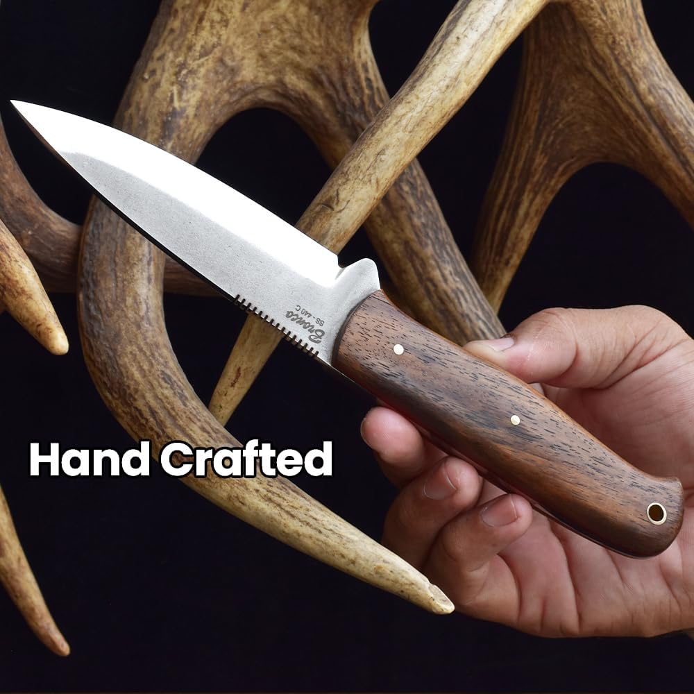 Knives Ranch Handmade Bushcraft Knife - Full Tang - SS 440C - 59 Hardness - Rosewood Handle - Genuine Leather Sheath (3092-SS-IRW)