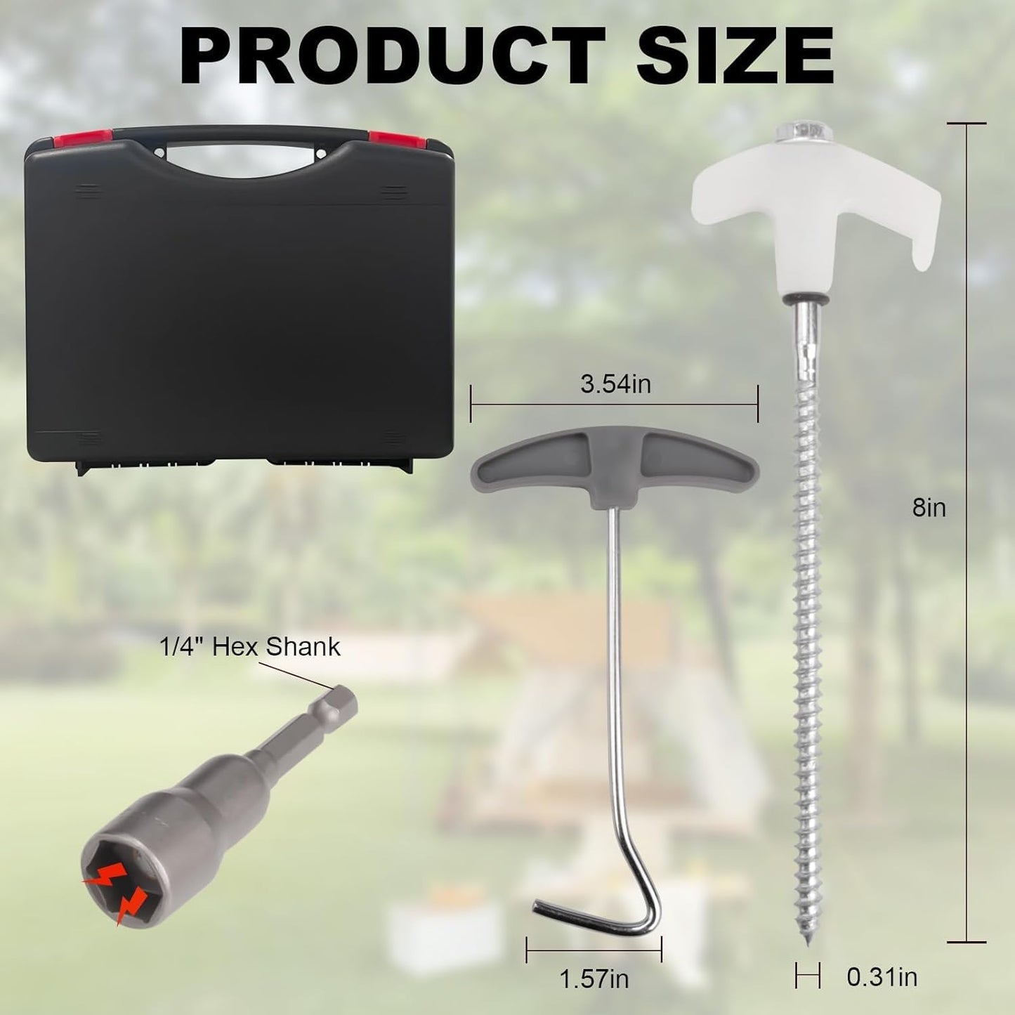 12 Pcs Tent Stakes Heavy Duty, 8 in Ground Anchors Screw in, Grow in the Dark Screw in Tent Stakes, Camping Stakes with Storage Box, Threaded Tent Spikes with Hex Head Driver and Stake Puller