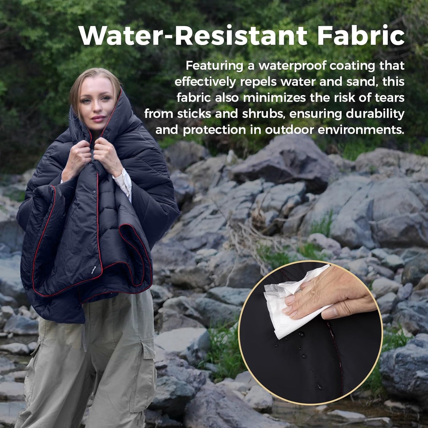 KingCamp Ultralight Camping Blanket, Packable Down Alternative Puffy Wearable Blankets Weatherproof Warm Package Quilt with Snap Buttons & Corner Loops for Outdoor Travel Stadium (69"L x 53"W, BLACK)