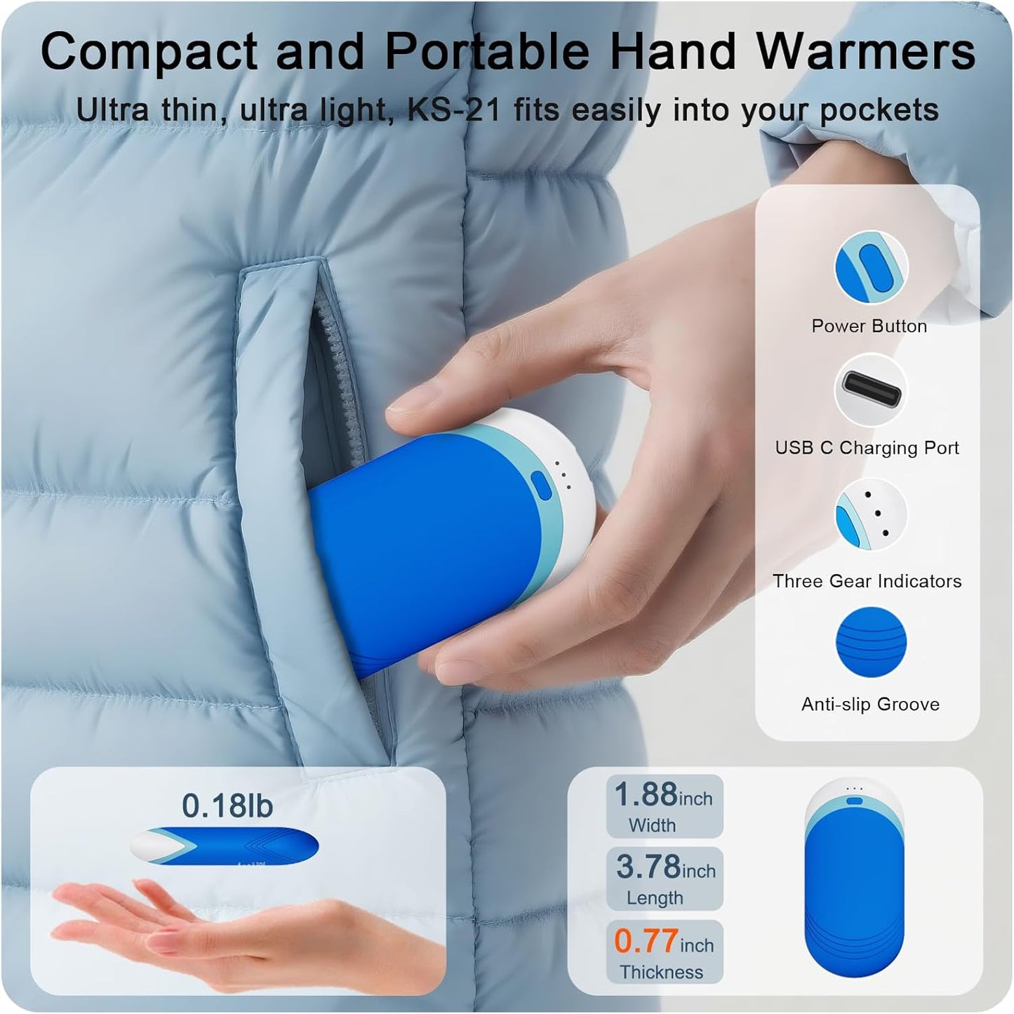 Karecel Thermally Conductive Silicone Rechargeable Hand Warmers 2 Pack, 6000mAh Double-Sided Heat AI Electric Hand Warmer, Portable Pocket Handwarmer, Fits in Gloves, Slim, Shockproof, Women Men Gifts