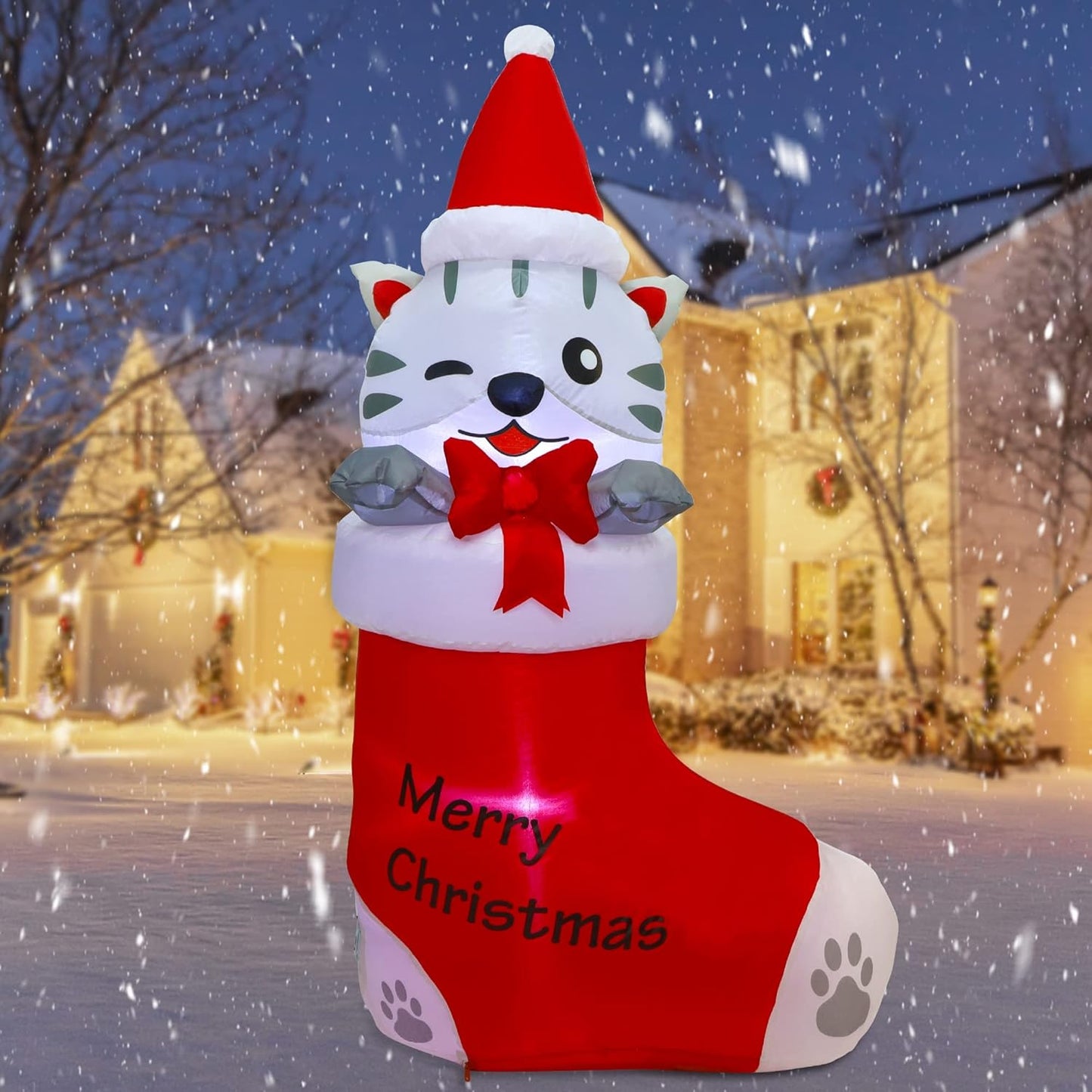 Juegoal 5 FT Christmas Inflatables Outdoor Decorations, Inflatable Kitten in Xmas Stocking, Lighted Blow Up Cat Standing on Christmas Socks with Built in Lights for Holiday Lawn Yard Garden Decor