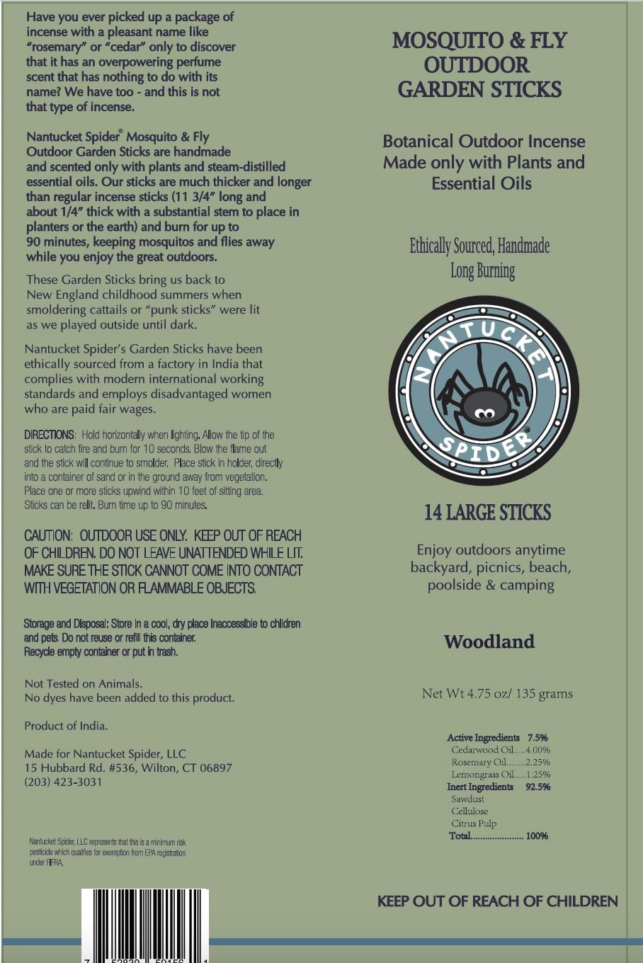 Nantucket Spider Mosquito Repellent Sticks 14 Pack and Holder | Repels Mosquitoes & Flies | Slate Block Holder | Outdoor Garden Natural Essential Oil Incense | Woodland Scent