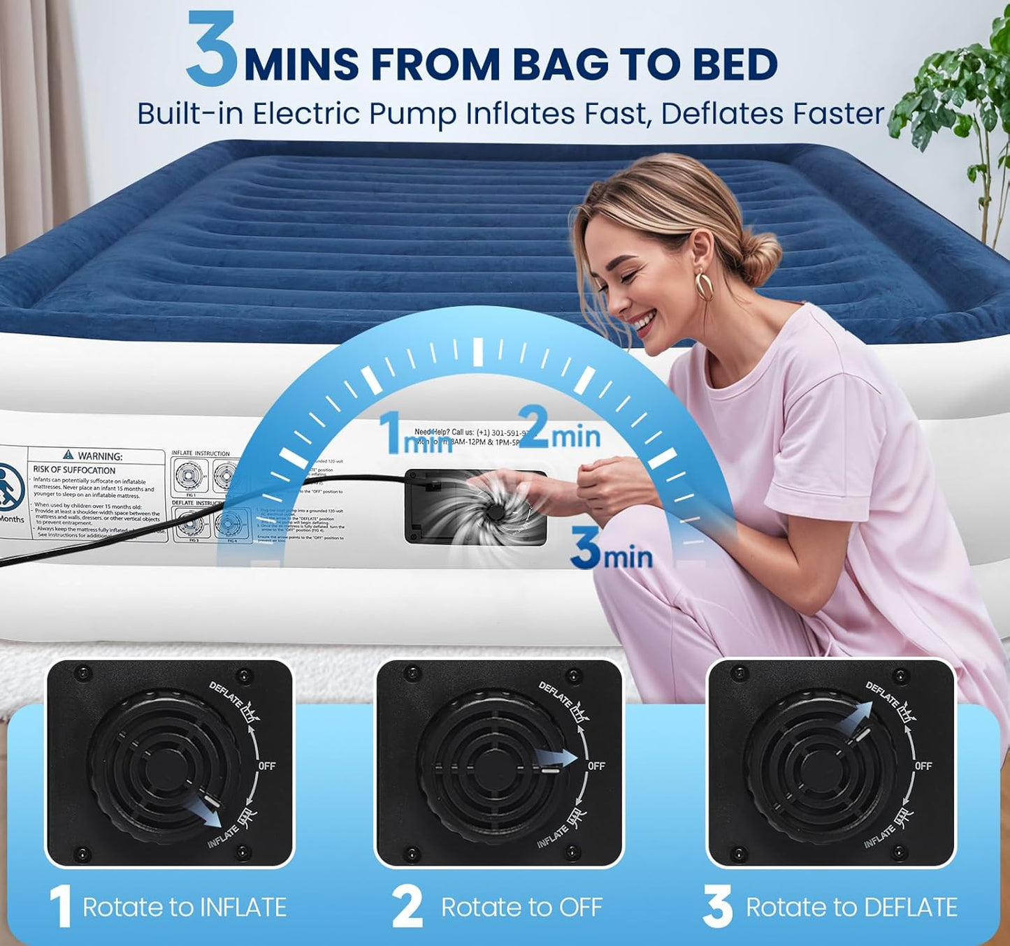 KINGJERRY Queen Air Mattress with Built in Pump, Blow Up Mattress Queen 18 Raised Comfort, Upgrade Surface Inflatable Bed, Leak-Proof Air Bed for Home Guests & Camping, 800 lbs Max, 3-Min Inflation