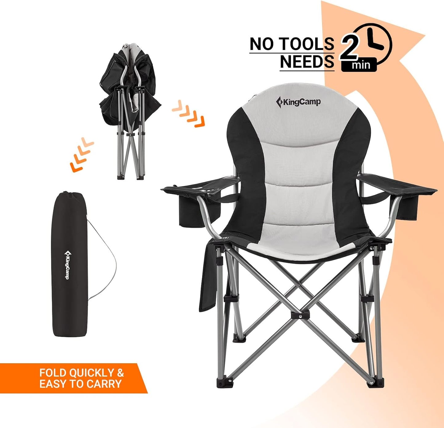 KingCamp Folding Portable Camping Chairs Oversized Padded Quad Arm Chair with Cooler Bag, Cup Holder and Side Pocket, Heavy Duty Supports 300 lbs for Outdoor, Lawn, Fishing, Sports