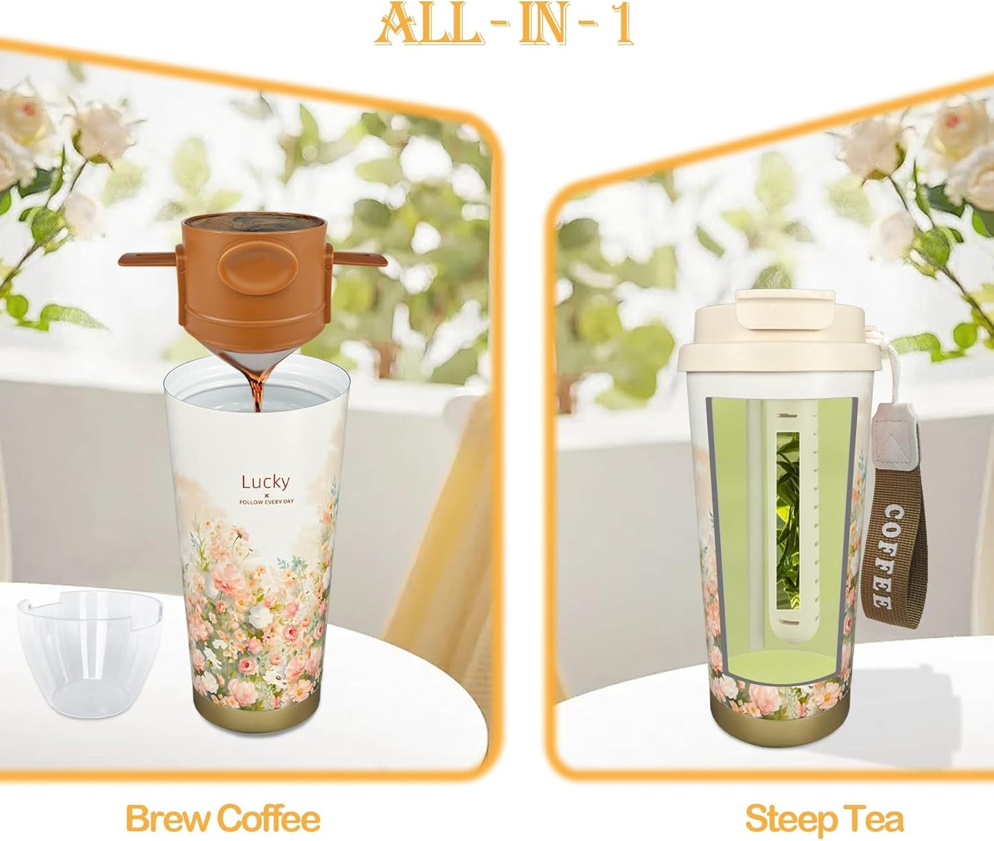 17oz Camping Coffee Makers with Ceramic Coating,Camp Pour Over Coffee Maker Set,Double Wall Vacuum Leak-Proof Mug for Office School Party Camping,Tea Infuser Mug for Loose Leaf Tea (17oz Lucky)