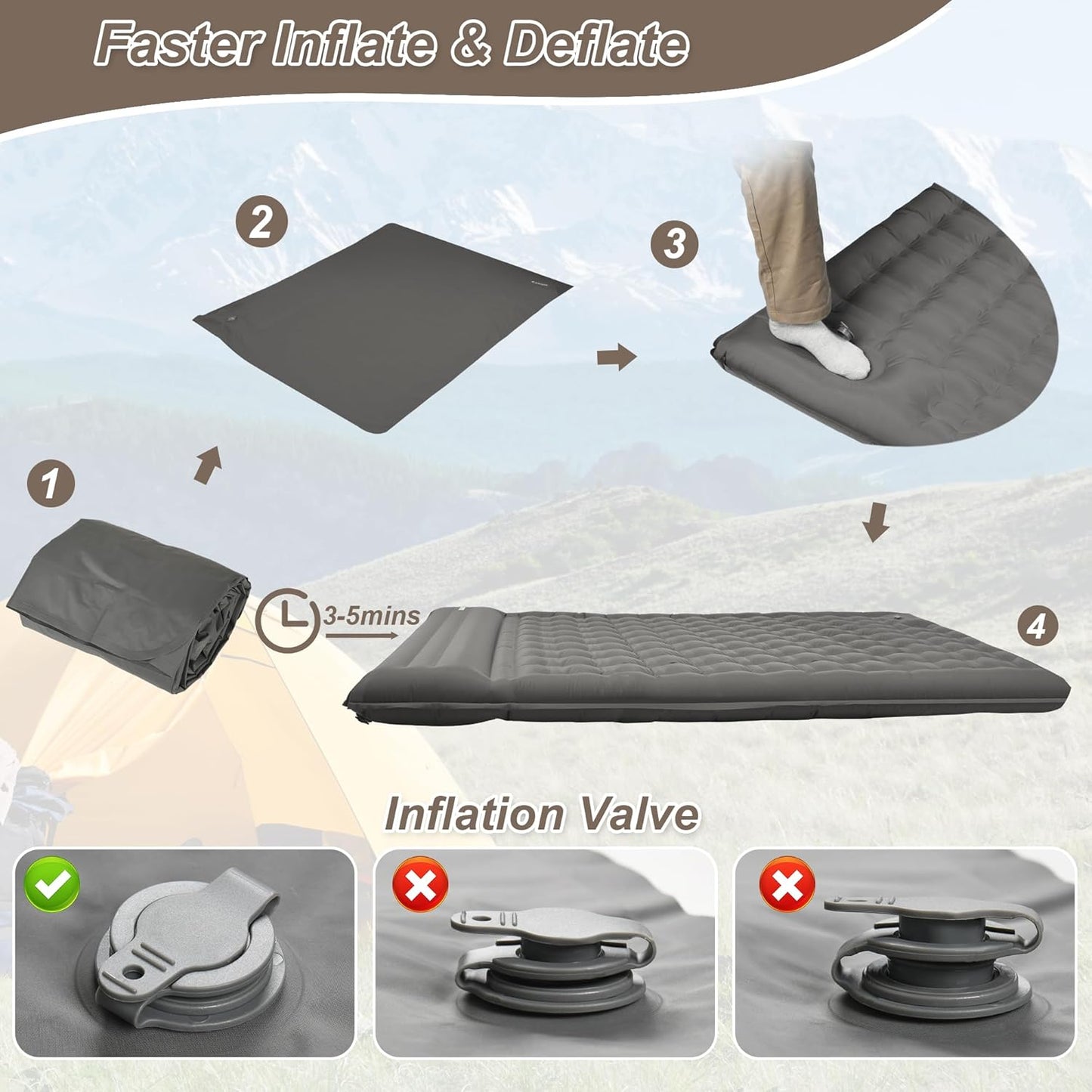 KASIMO Double Sleeping Pad for Camping,5" Ultra-Thick 1.4x2M for 2 Person with Pillow Built-in Foot Pump Inflatable Sleeping Mat for Backpacking, Hiking, Traveling, Tent, Portable Camping Mat