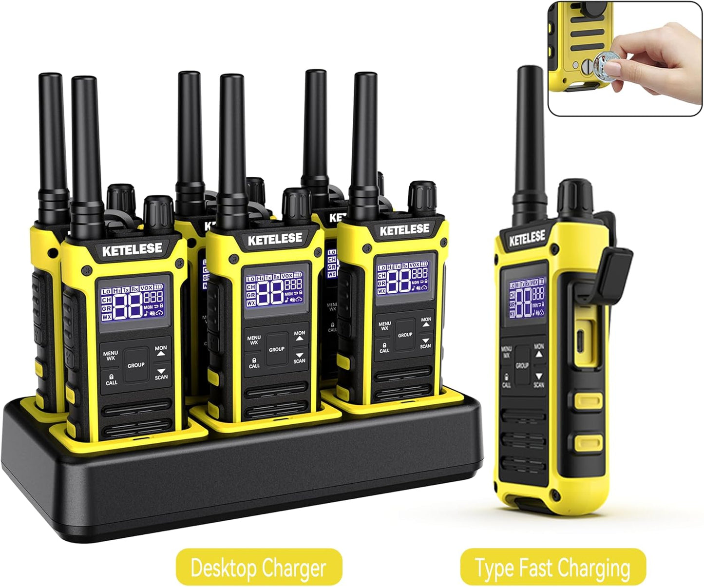 KETELESE T3F Walkie Talkies 6 Pack for Adults, IP67 Waterproof 2 Way Radios Rechargable, with Earpiece and Mic, Shock Resistant, Dual PTT, One Key Group Call, VOX, NOAA&Wheather Alert, Black/Yellow