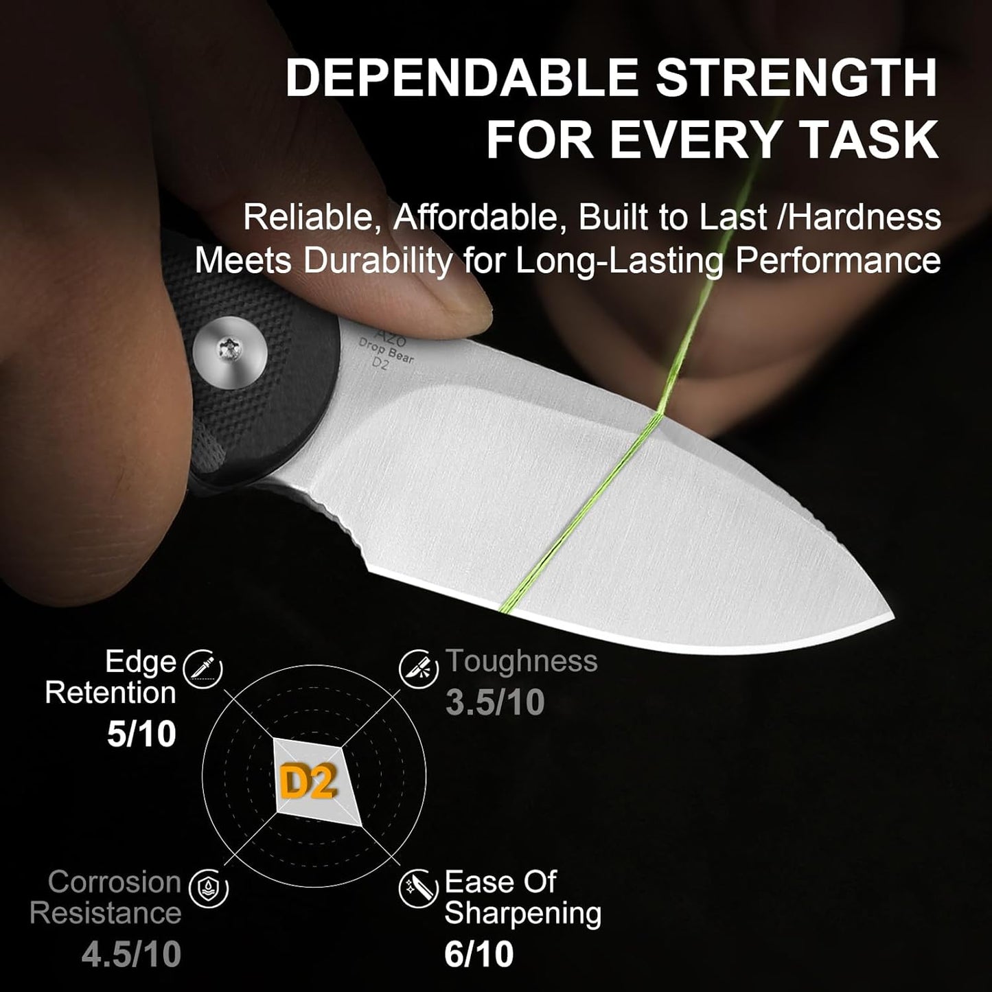 Kizer Drop Bear Fixed Blade Knife, 2.57" D2 Satin Blade EDC Camping Knife with Black G10 Handle and Hidden Tools, Outdoor Full Tang Hunting Survival Knives with Adjustable Kydex Sheath, 1094M2