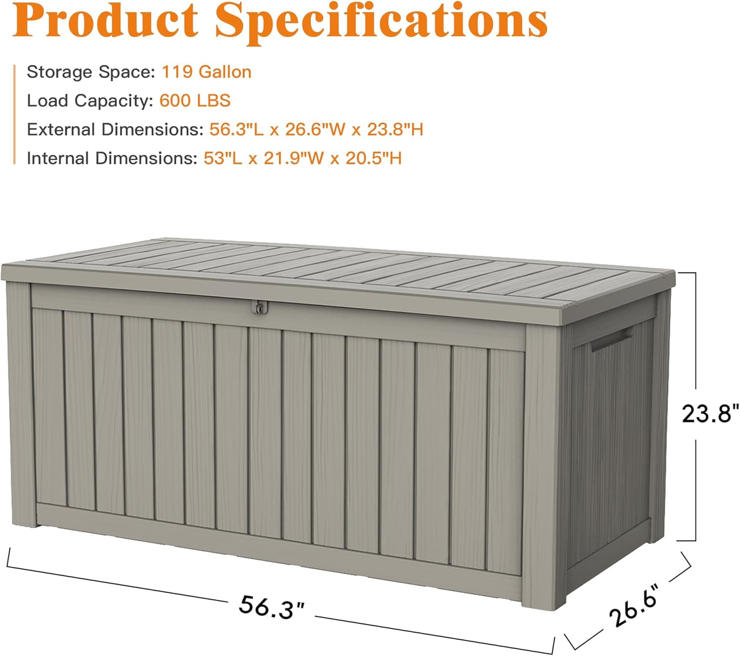 119 Gallon Outdoor Storage Box, Waterproof Deck Box with Handles and Lockable Lid, Resin Patio Storage Box with Hydraulic Rods for Garden Tools, Cushions, Grey
