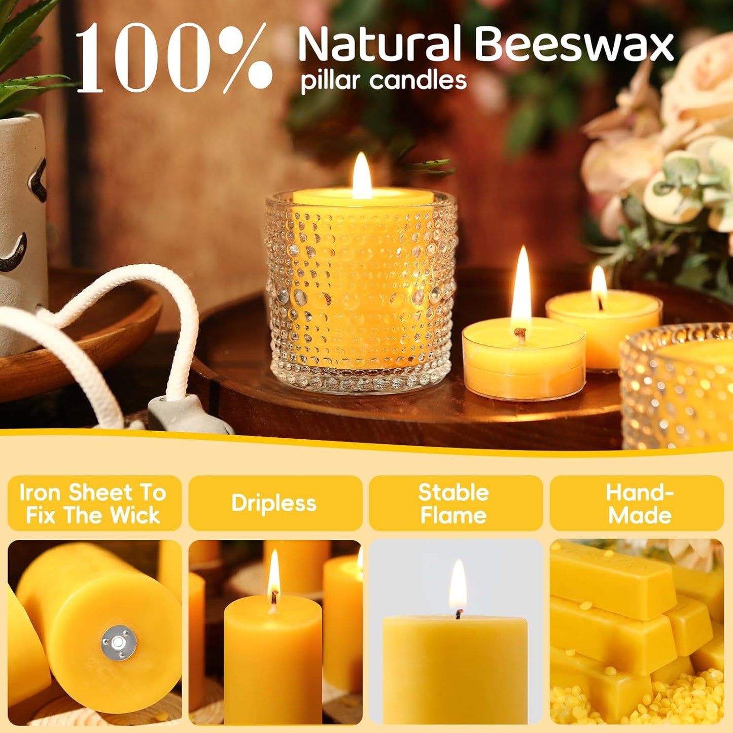 12 Pack Natural Beeswax Pillar Candles,2x2in 100% Pure Beeswax Candles-240 Hours Long Burning,Unscented Bees Wax Candles for Home,Prayer,Emergency,Dripless Smokeless Organic Pillar Candles Bluk