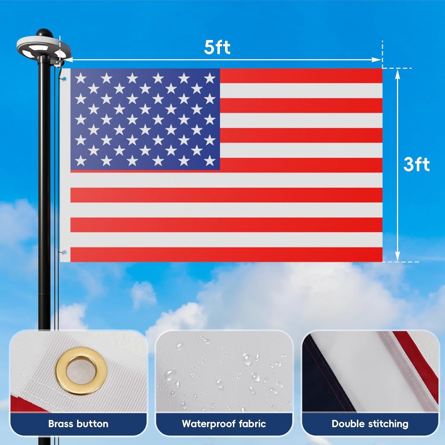 16FT Flag Pole with Solar Light Thick Aluminum Heavy Duty Flag Pole Kit 100MPH Wind Tested, Includes 2PCS 3x5 US Flag for Outdoor Use