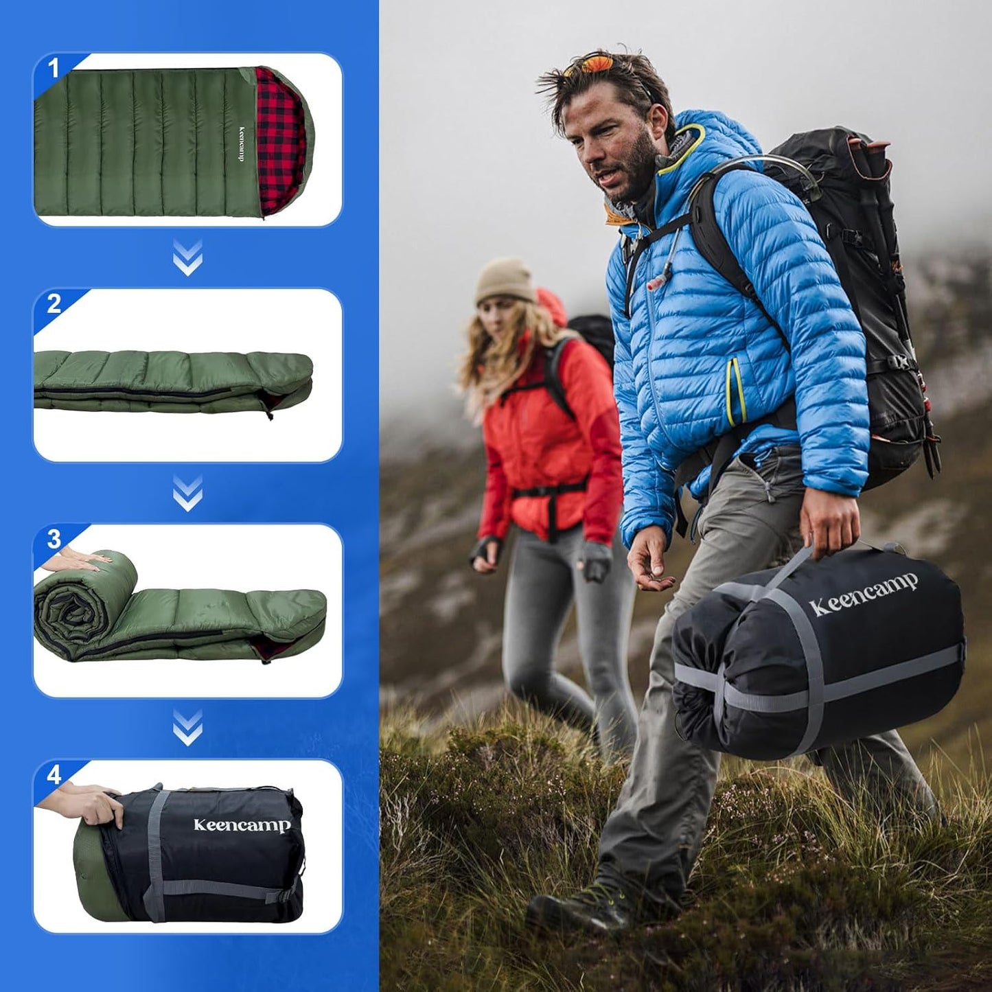 0 Degree Sleeping Bag Cotton Flannel Winter Cold Weather for Adults XXL Sleeping Bag 4 Season Big and Tall with Pillow Compression Sack