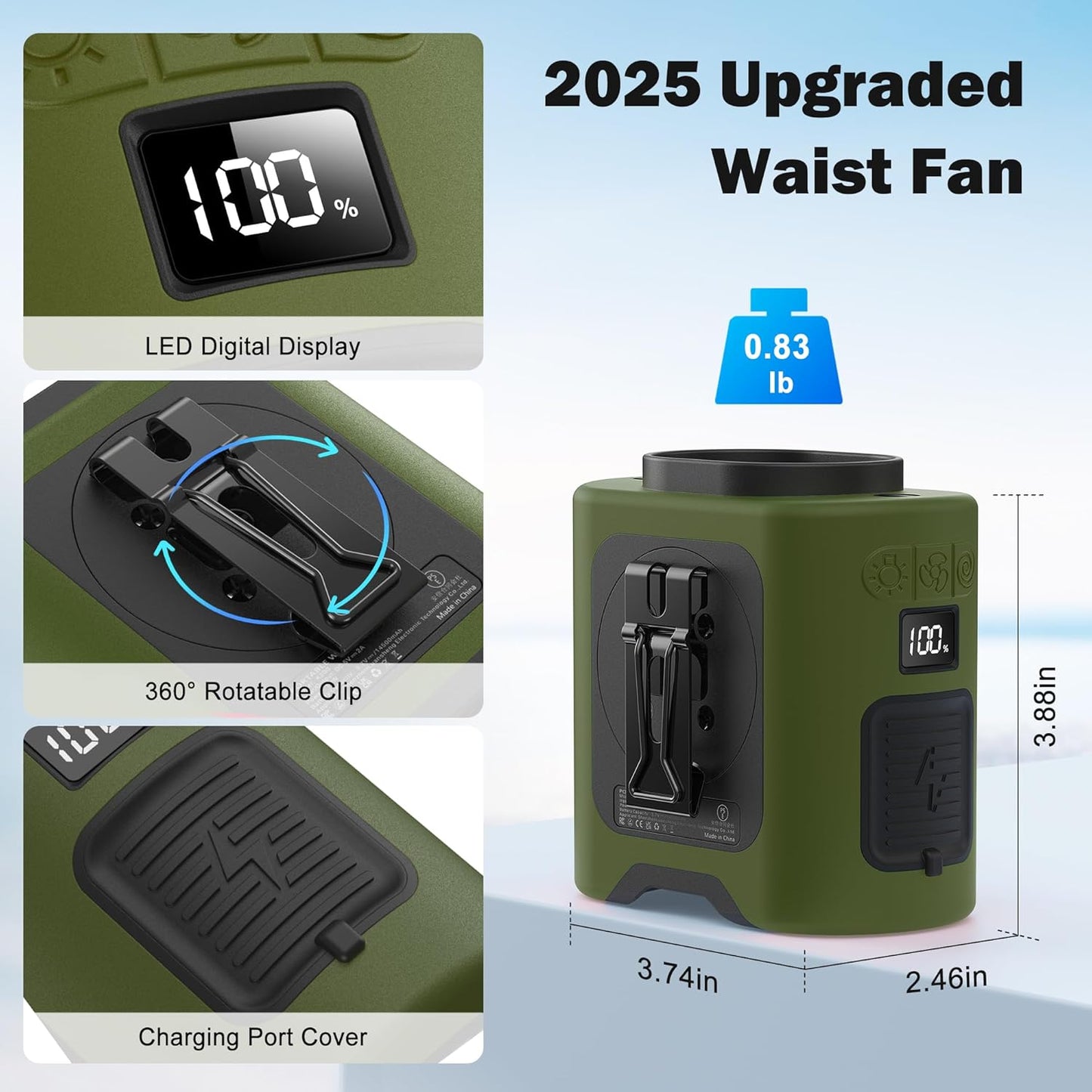 KITWLEMEN 14500mAh Portable Waist Fan - Personal Clip on Belt Fan, 5 Speed 67H Cooling, Rechargeable Battery Operated, Wearable with Lanyard & Light for Camping, Travel, Jobsite (Green)