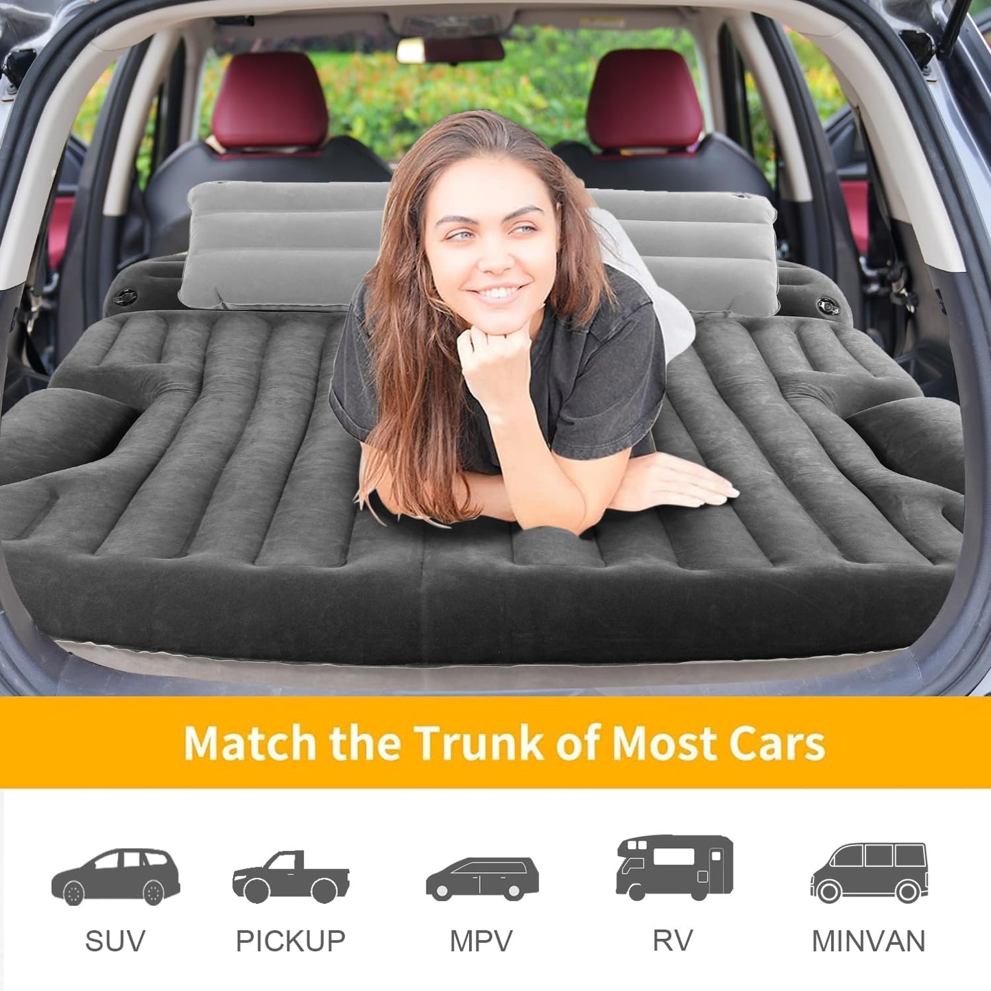 KMZ SUV Air Mattress Thickened and Double-Sided Flocking Travel Camping Bed with 2 Pillows & Electric Pump Dedicated Mobile Cushion Inflatable Bed for SUV Trunk and Rear Seat (Dark Gray)