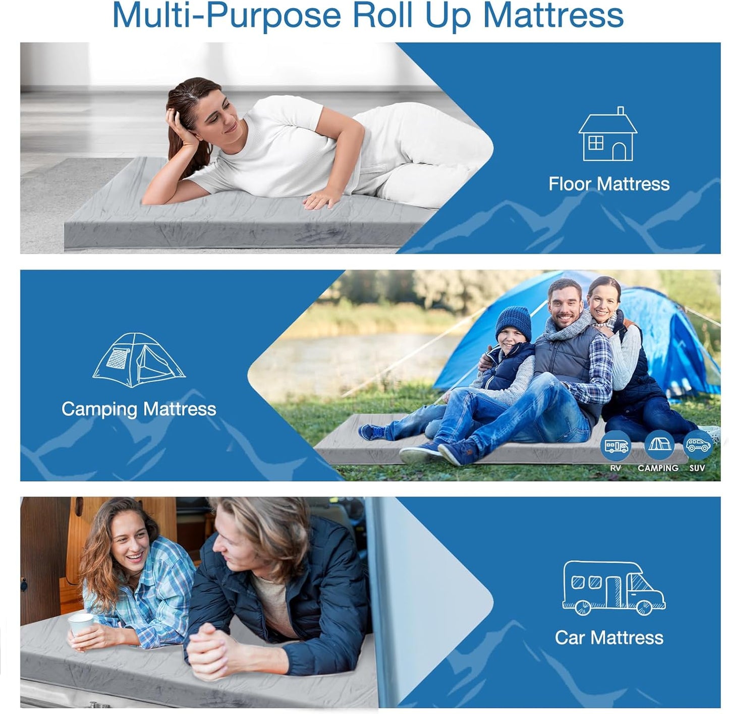 KingChii CertiPUR-US Memory Foam Camping Mattress, Portable Roll Up Travel Car Camping Mattress Sleeping Pad & Floor Mattress, Cot Mattress Guest Bed for Sleepover with Waterproof Cover & Travel Bag