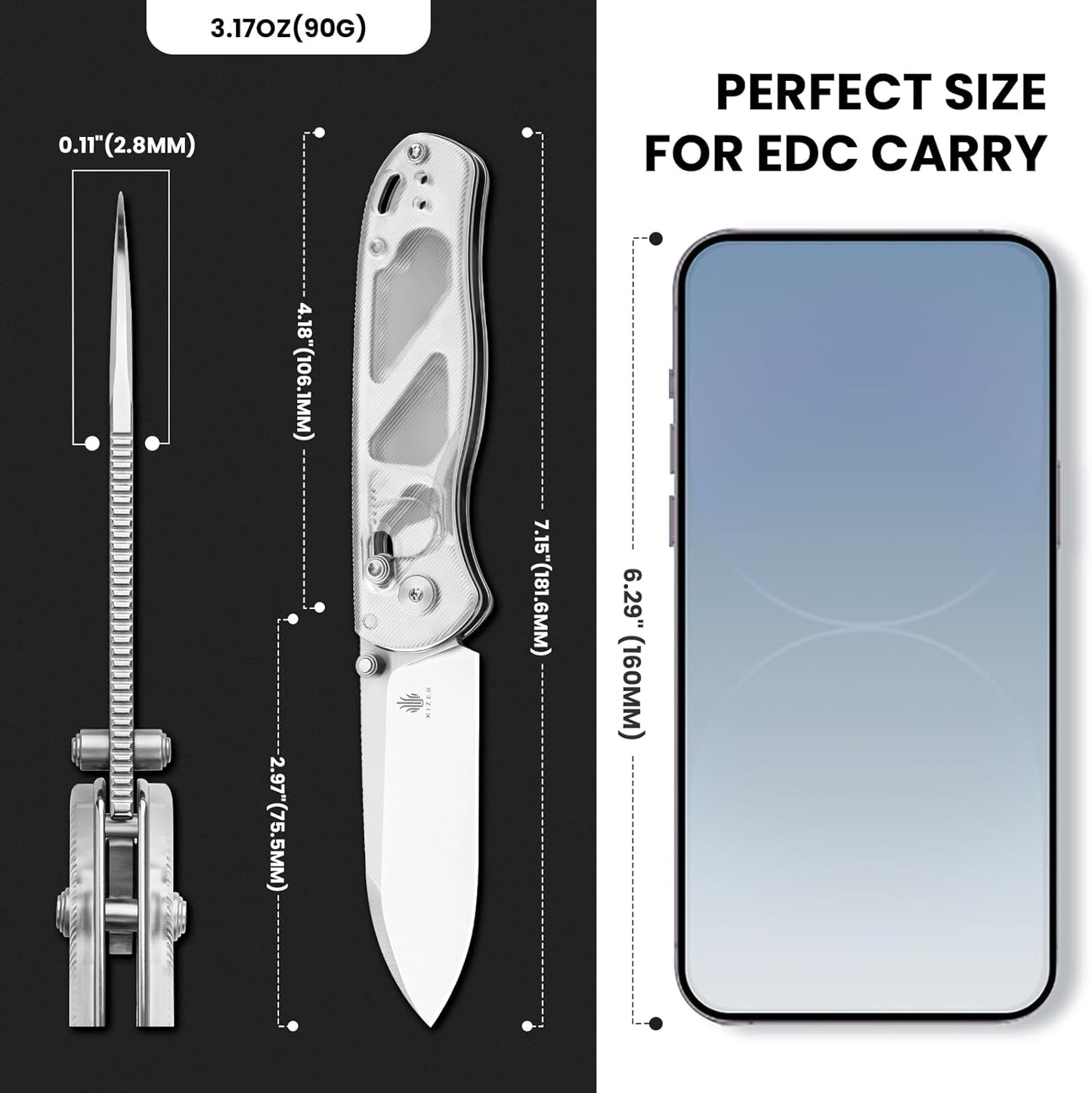 Kizer Drop Bear EDC Pocket Knife, 2.98” Nitro-V Steel Blade Acrylic Handle Folding Knife with Thumb Stud Opener, Clutch Lock Knife for Men Women Gift V3619A1