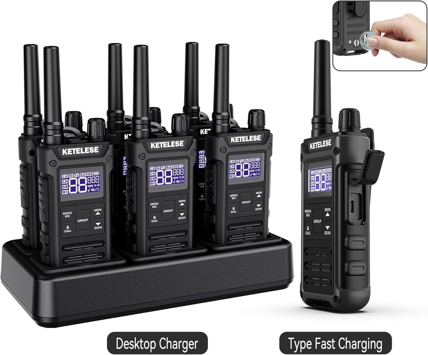 KETELESE T3G Heavy Duty Walkie Talkies Type-C Rechargeable, IP67 Waterproof 2 Way Radios with Earpiece, Adapter, Dock, PTT Group, NOAA, VOX, 6 Pack Walkie Talkie for Adult Black/Grey