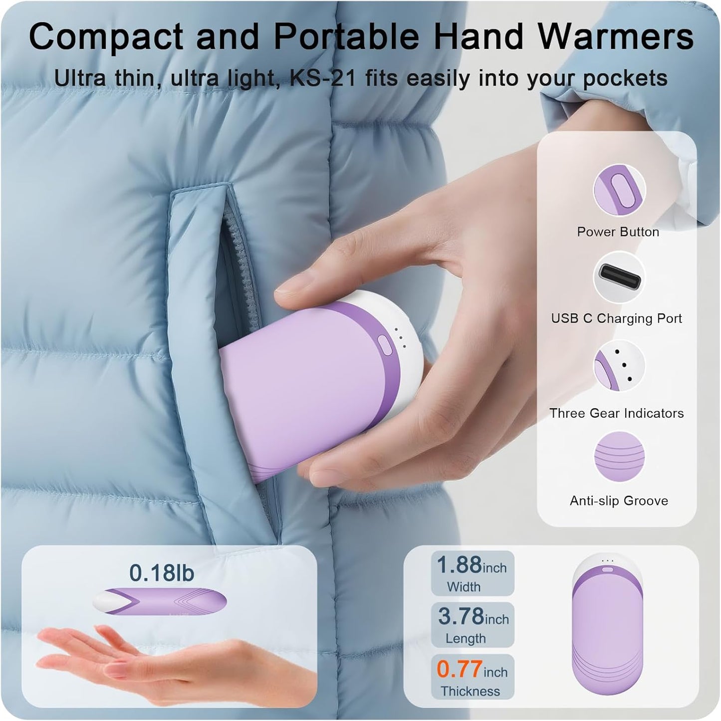 Karecel Thermally Conductive Silicone Rechargeable Hand Warmers 2 Pack, 6000mAh Double-Sided Heat AI Electric Hand Warmer, Portable Pocket Handwarmer, Fits in Gloves, Slim, Shockproof, Women Men Gifts