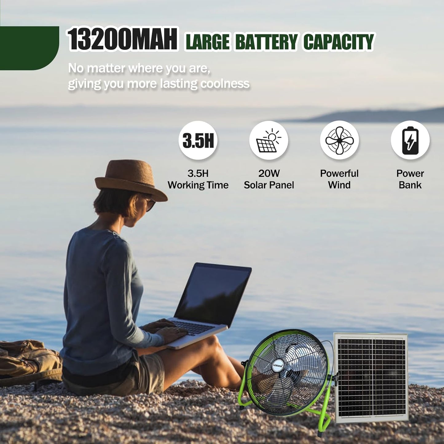 14Inch Outdoor Fan, Battery Operated Fan Can Running 3.5-24 Hours, Solar Fans For Home,Outside,Shed,Patio,Greenhouse, with USB Output For Phone