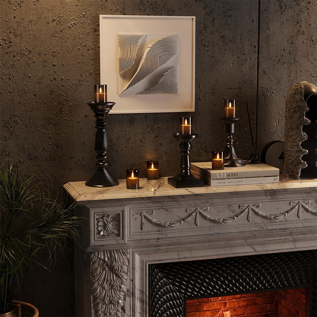 12Pack Flickering Flameless LED Candles with Timer, Battery Powered - Small Pillar & Votive, Black (2"X3")