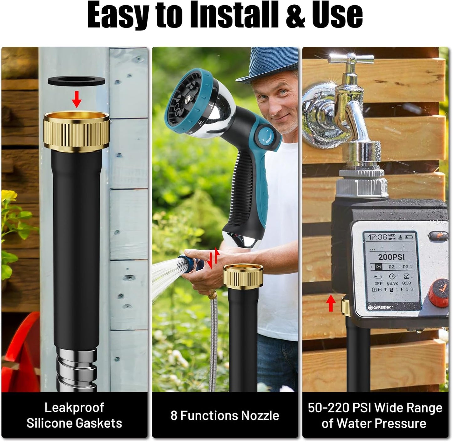 100 ft Garden Hose, Stainless Steel Metal Water Hose 100 Feet with Nozzle, Flexible, Rust Proof, No-Kink, Heavy Duty, Leakproof 3/4 in Fittings, Lightweight Metal Hose, BT100S Model