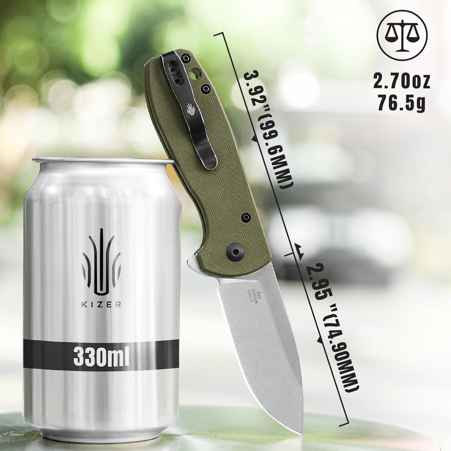 Kizer Amicus Pocket Knife, 2.95” Satin Nitro V Steel Blade Small EDC Knife, G10 Handle Pocket Folding Knife with Reversible Deep Carry Clip, Camping Hunting Pocket Knives for Men Women Gift L3002A3