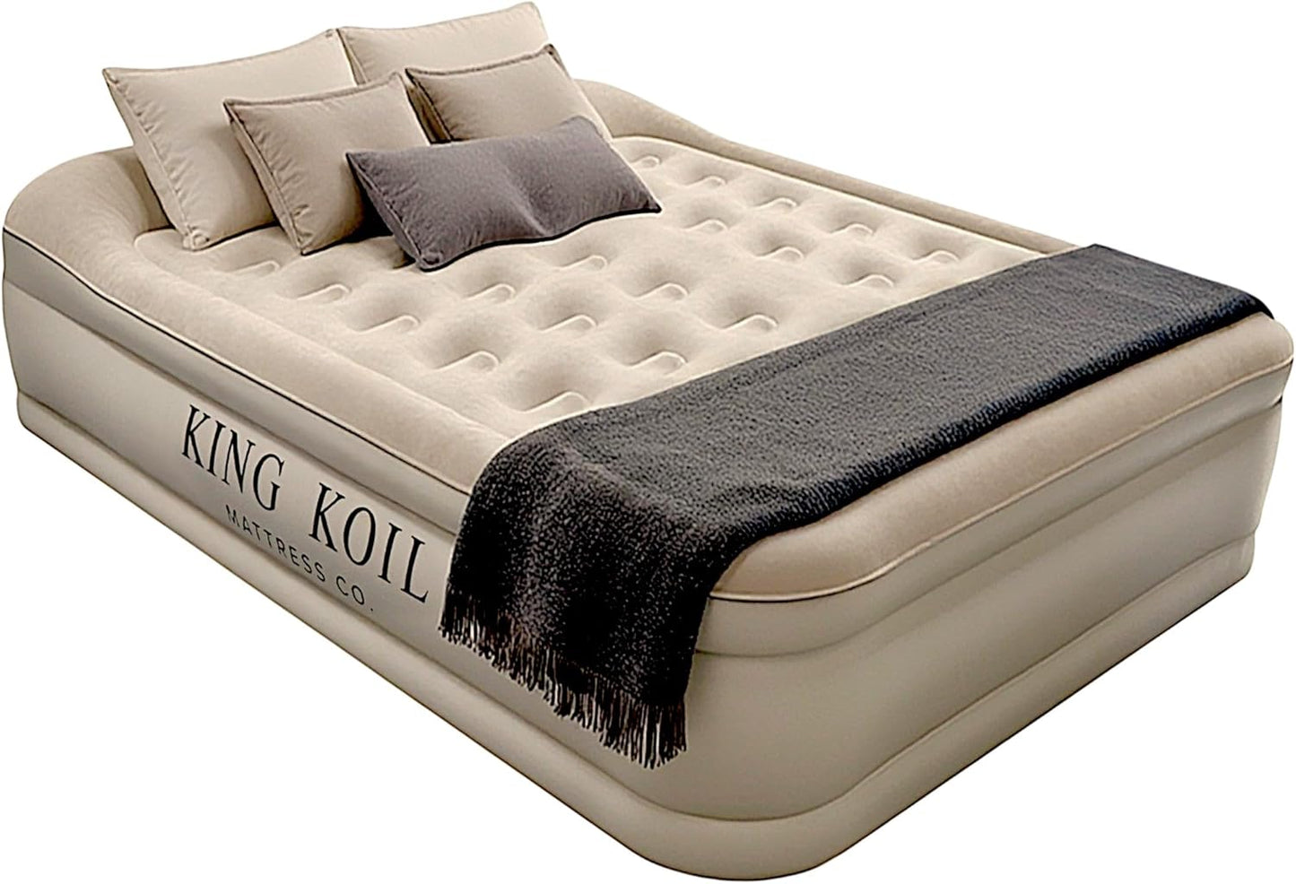 King Koil Luxury Queen Size Air Mattress with High-Speed Built-in Pump, Blow Up Bed Top Side Flocking, Puncture Resistant, 16in Double High Inflatable Airbed Guests or Travel 1-Year Warranty