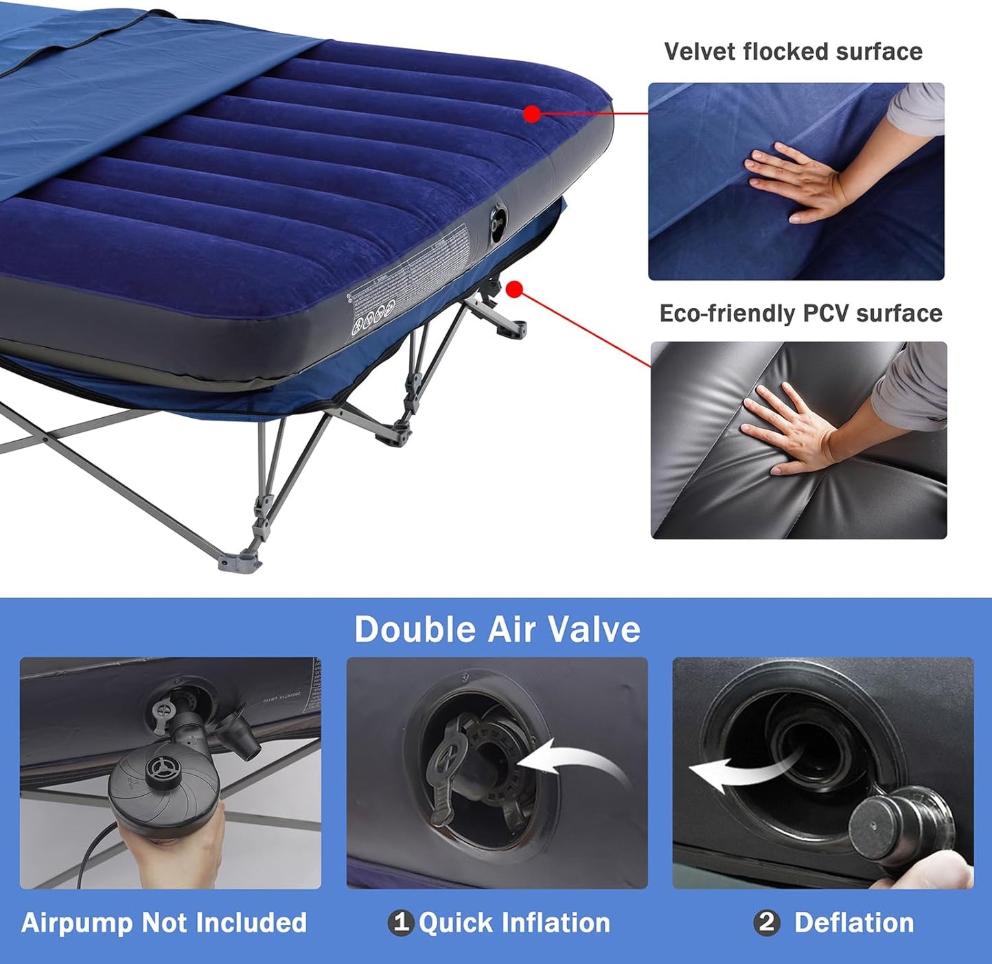 KAMPKEEPER Camping Cot,Camping Cots for Adults,Folding Camping Cot with Inflatable Air Mattress and Carry Bag,for Outdoor Travel Camp Beach Vacation (not Included The Airpump)