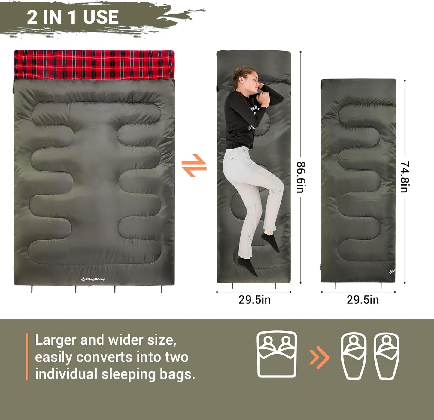 KingCamp Double Sleeping Bag for Adults, Queen Size 2 Person XXL Flannel Sleeping Bag, Waterproof Lightweight Flannel Quilt with 2 Pillows, Perfect for Couples Family Camping Hiking