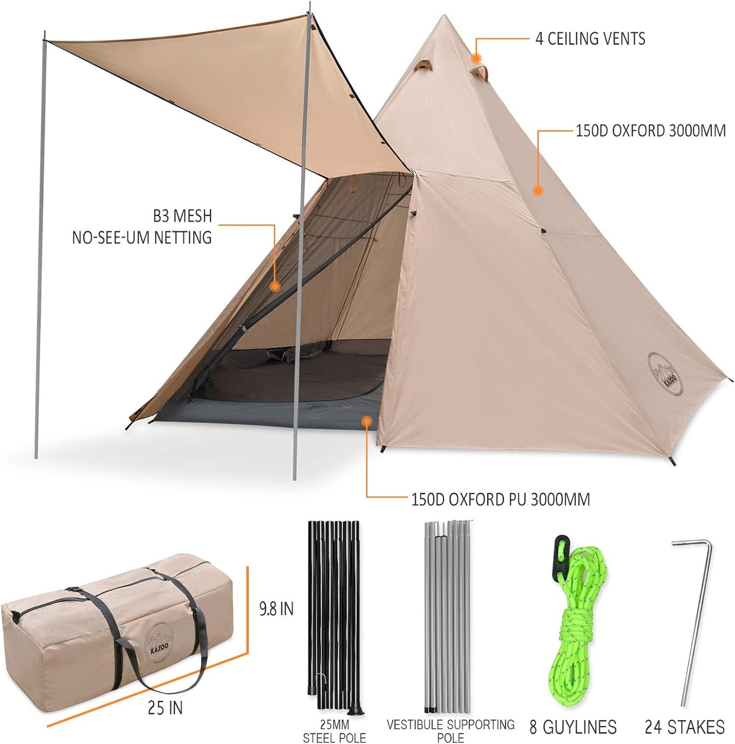 KAZOO Family Camping Tent Large Waterproof Tipi Tents 8 Person Room Teepee Tent Instant Setup Double Layer