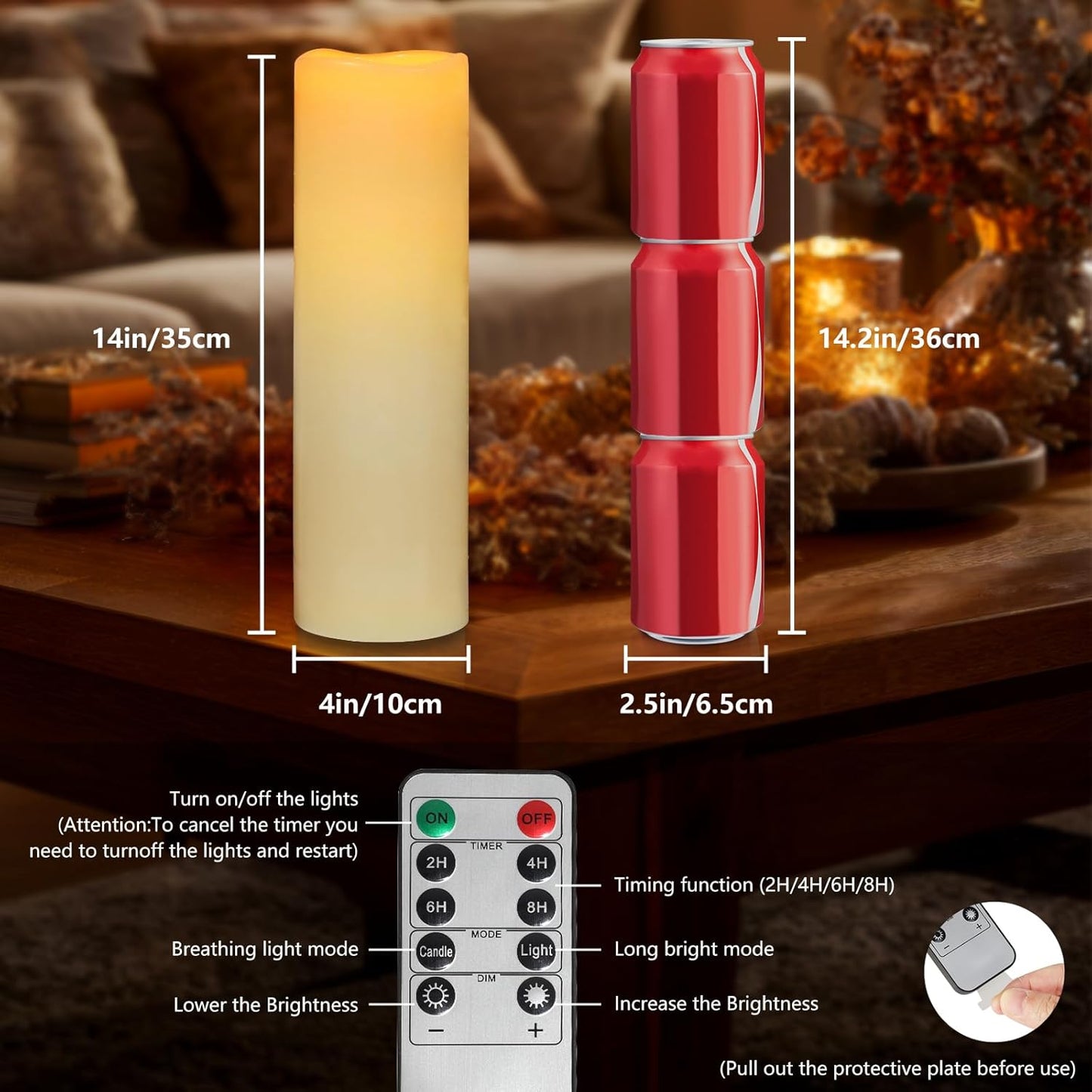 Kimjo 14" x 4" Large Outdoor Candles with Remote: Battery Operated LED Flameless Candles with Timer - Realistic Fake Waterproof Flickering Pillar Candles for Patio Porch Lanterns (Ivory 2 Pack)