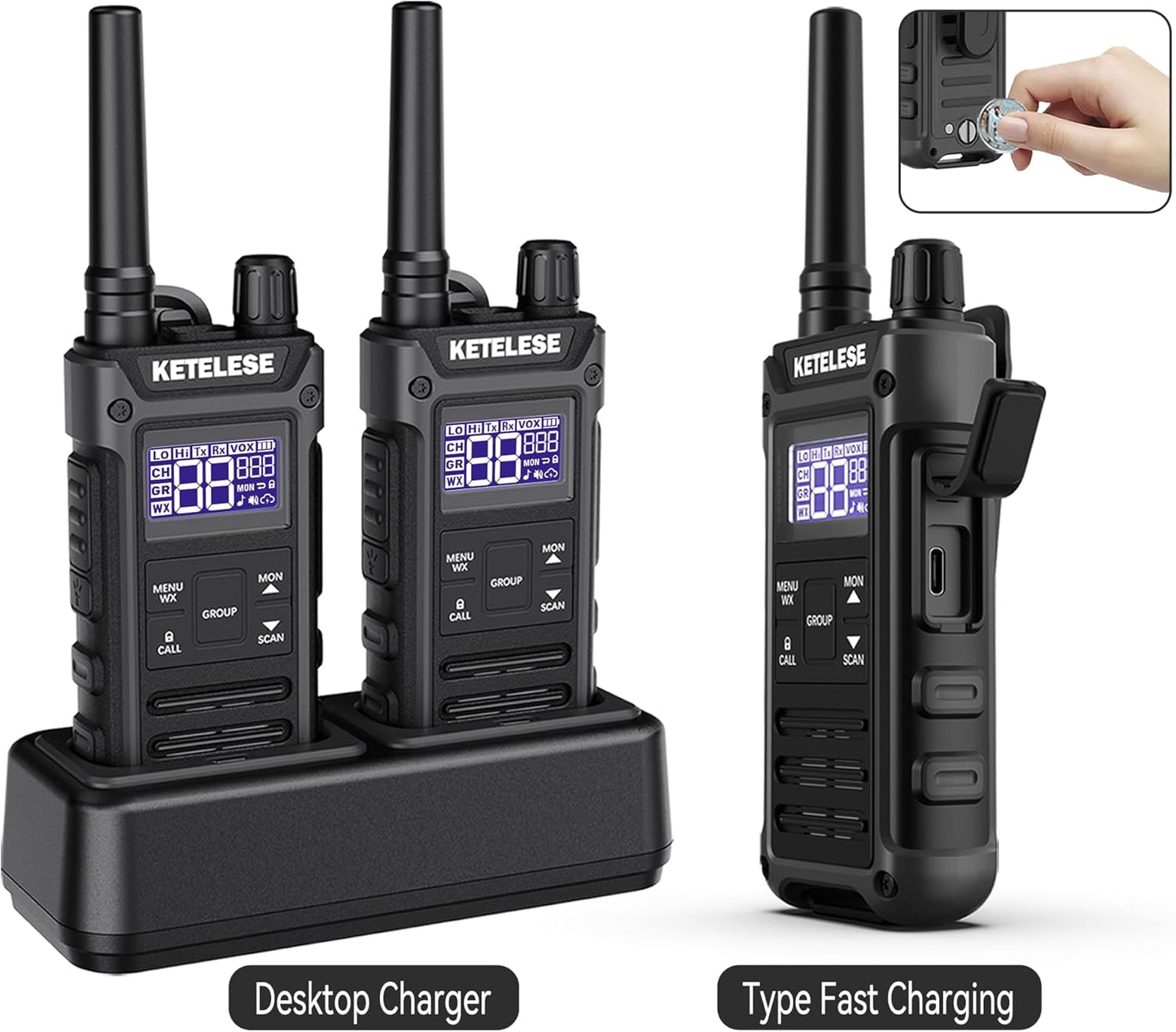 KETELESE T3G Heavy Duty Walkie Talkies for Adults, IP67 Waterproof Long Range 2 Way Radio, with Earpiece and Mic, Type-C Charge Dock&Cable, VOX, NOAA, PTT, Group 2 Pack, Black/Grey