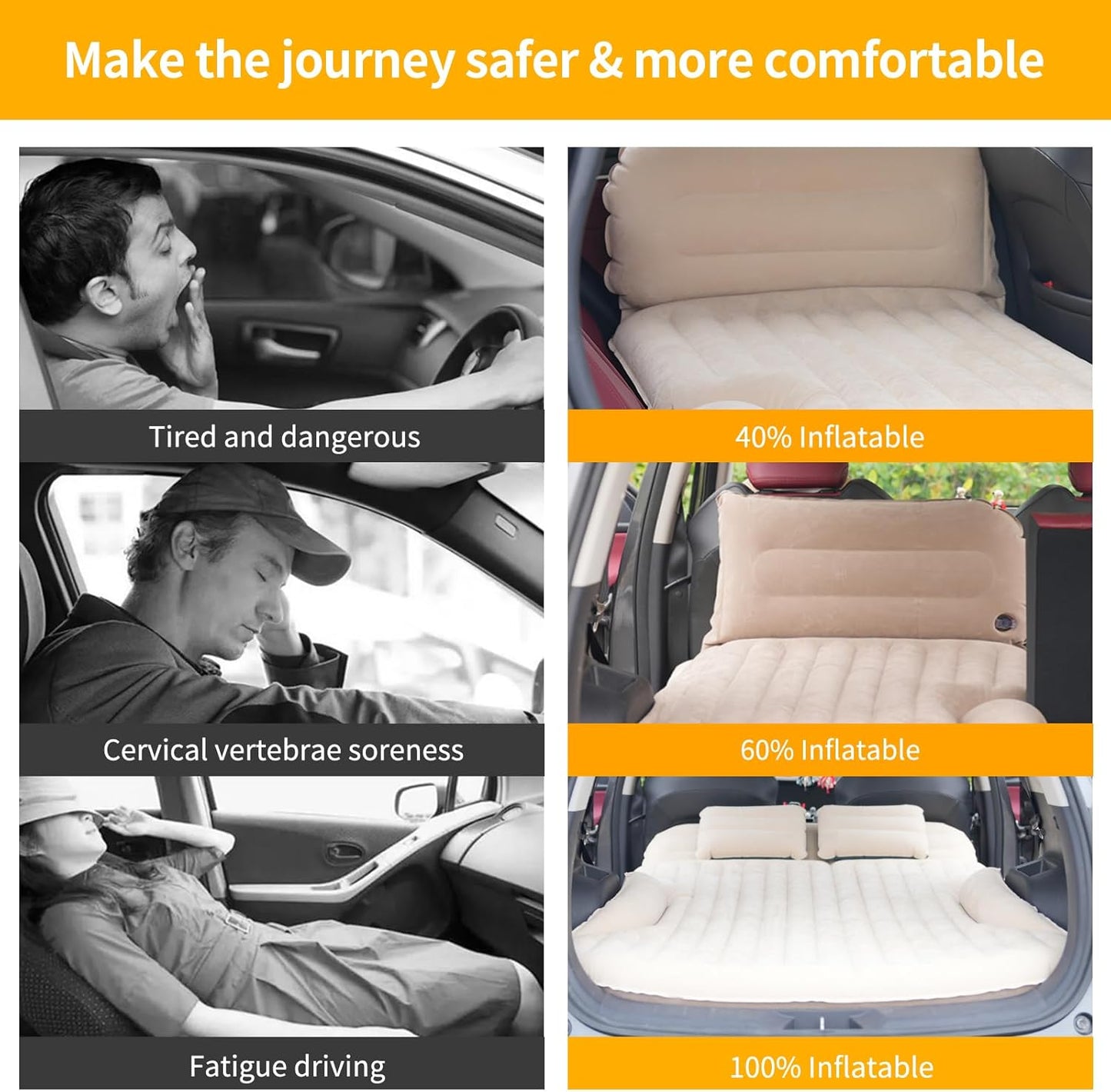 KMZ SUV Air Mattress Thickened and Double-Sided Flocking Travel Camping Bed with 2 Pillows & Electric Pump Dedicated Mobile Cushion Inflatable Bed for SUV Trunk and Rear Seat (Beige and Coffee)