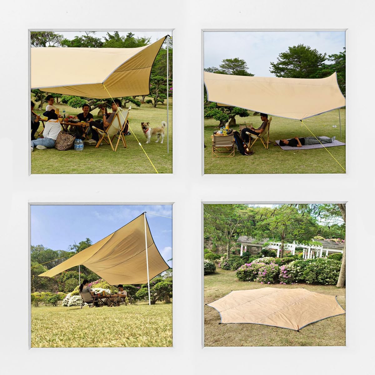 16x16 ft Large Camping Tarp Waterproof Hammock Rain Fly Camping Awning Sun Shelter Khaki (Without Pole) (Khaki)