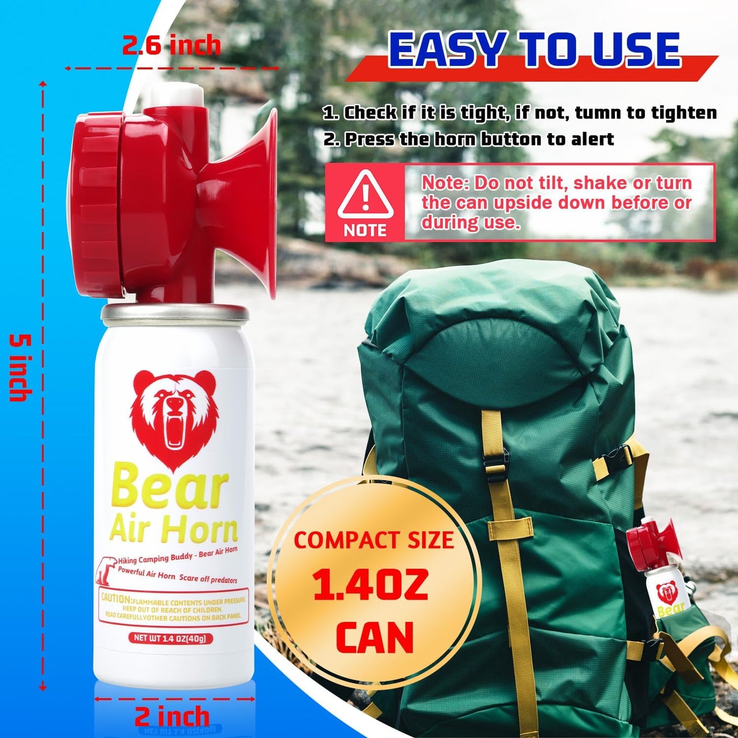 1.4oz Bear Horn for Self Defense, 123dB Loud Mini Air Horn, Audible Up to 1/2 Mile, Safety Air Horn for Hiking,Camping and Outdoor Protection