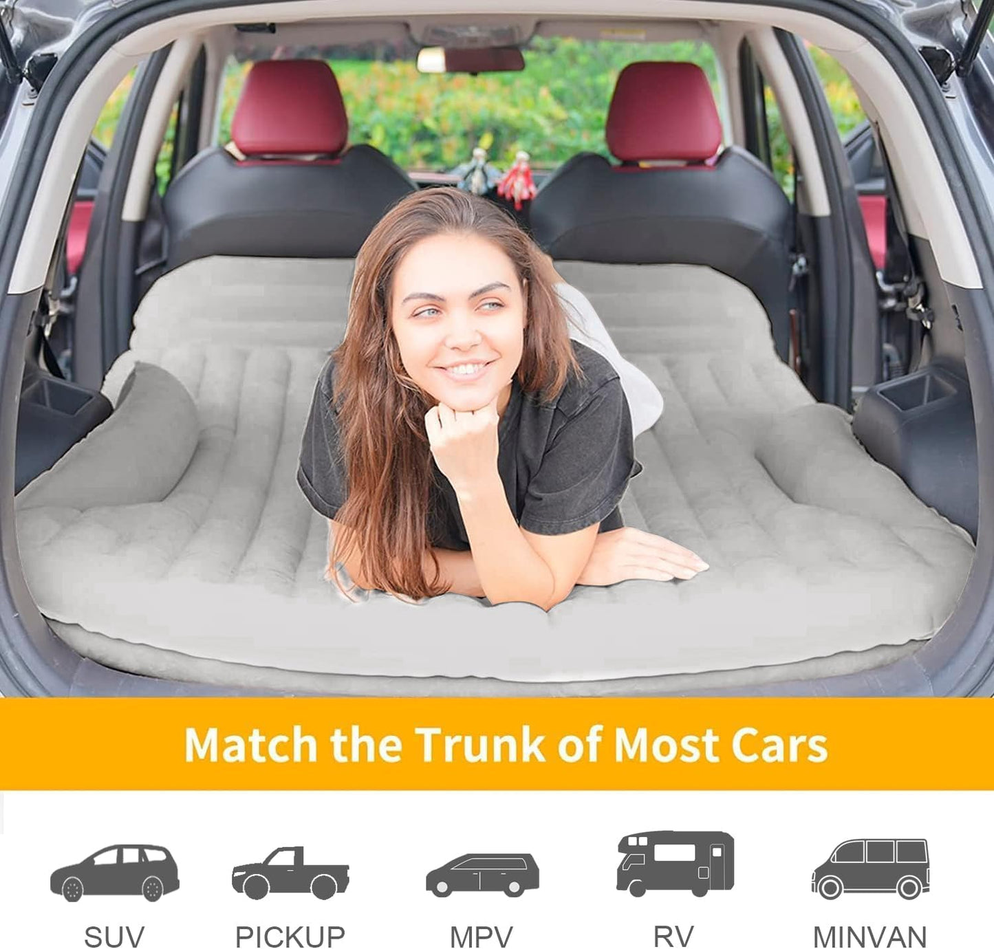 KMZ SUV Air Mattress Thickened and Double-Sided Flocking Travel Camping Bed with 2 Pillows & Electric Pump Dedicated Mobile Cushion Inflatable Bed for SUV Trunk and Rear Seat (Light Gray)