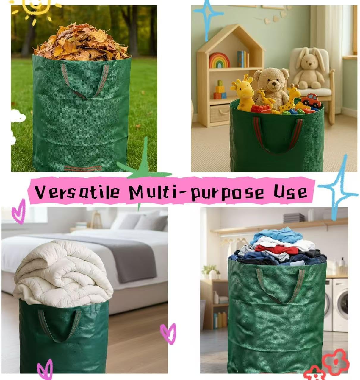 JKKGS Yard Waste Bags (3-Pack, 72 Gallons, H30 x D26 inches), Reusable, Heavy Duty Collapsible Standable Garden Lawn Leaf Bags and Trash Bags for Debris, Grass, Recycling, Camping, Parties, Laundry