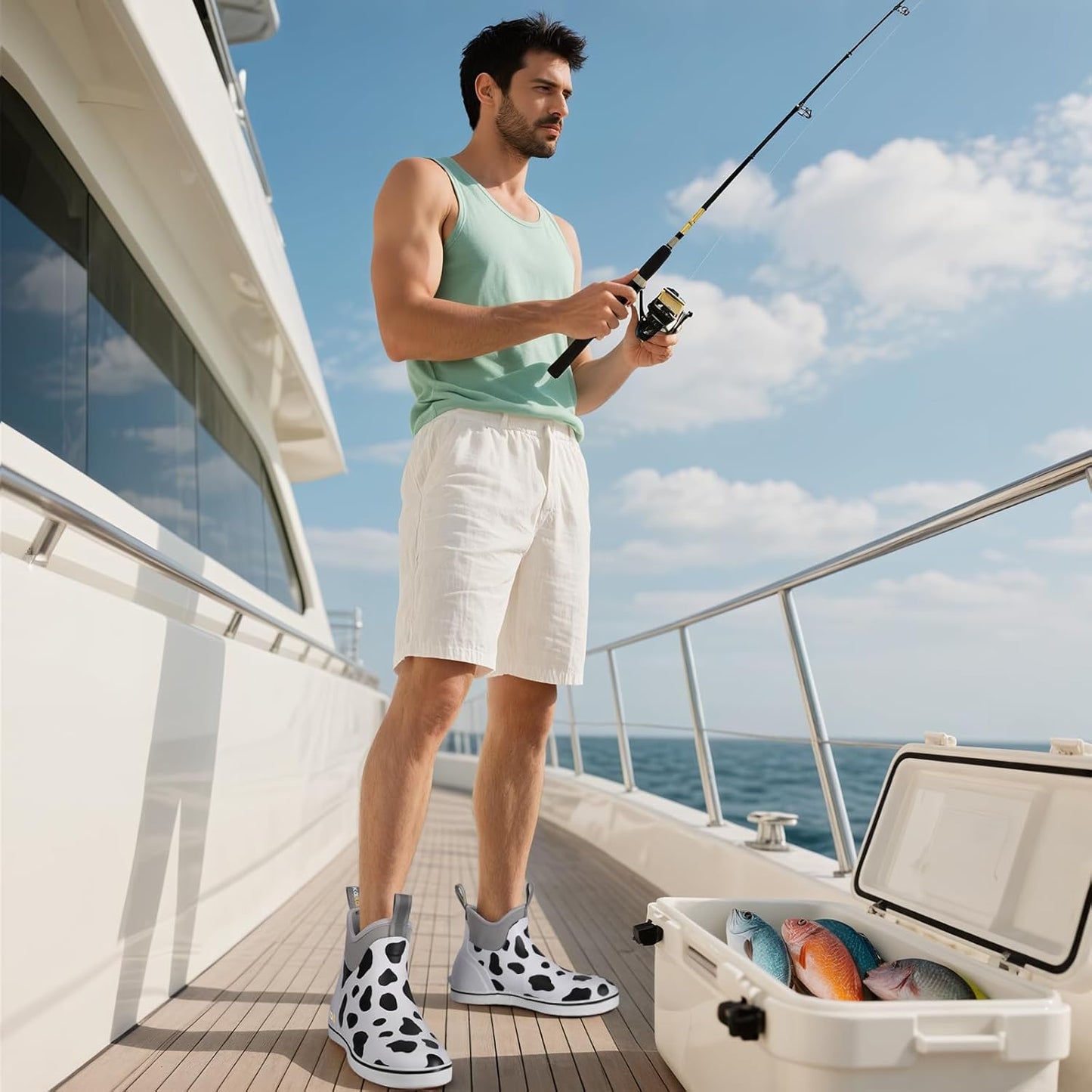 Kalkal Men's Deck Boots, Waterproof Fishing Rain Boots with High Traction, Men's Rubber Boots For Gardening Fishing Boating Camping Sailing