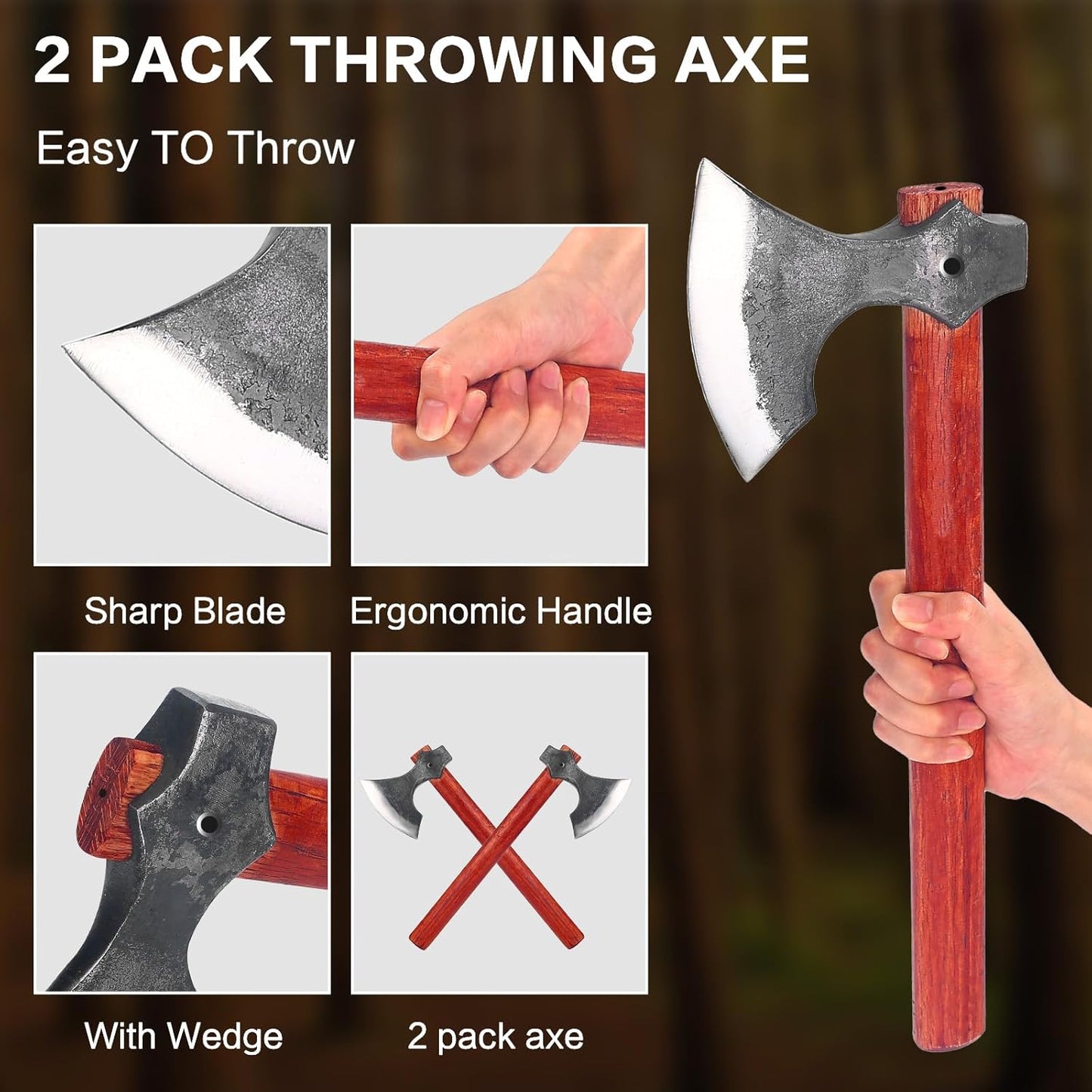 16" Throwing Axe Set with Beech Wood Handle, Professional Throwing Hatchet Set of Two, Viking Style Throwing Tomahawks with Steel Wedge for Adults' Competition and Outdoor Recreation, Red