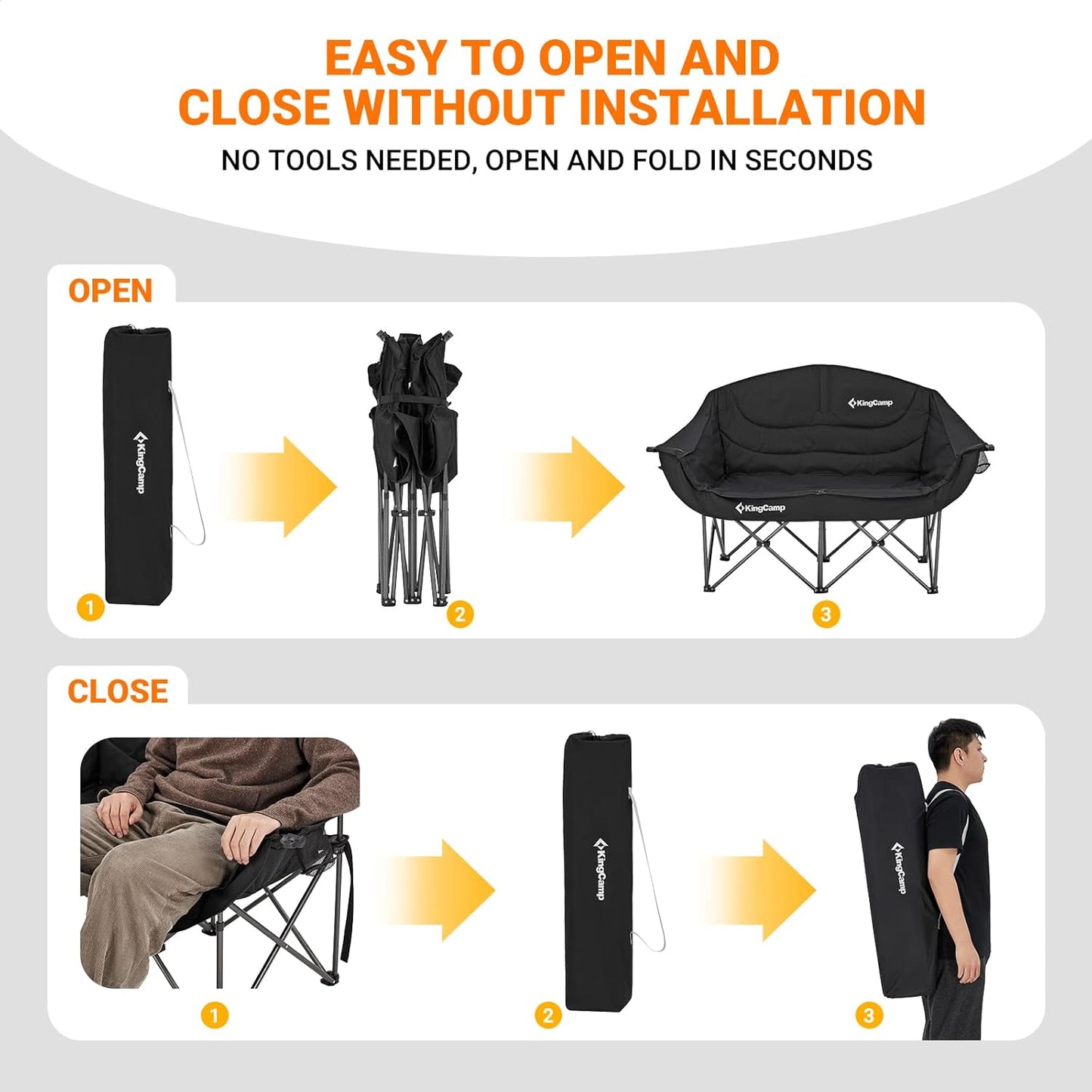 KingCamp Double Camping Chair, Oversized Heavy Duty 550lbs Loveseat for Adults Portable Folding XL 2 Person Couch Padded Comfortable Two Seat with Cup Holder for Outdoor Lawn Backyard, Black/Grey