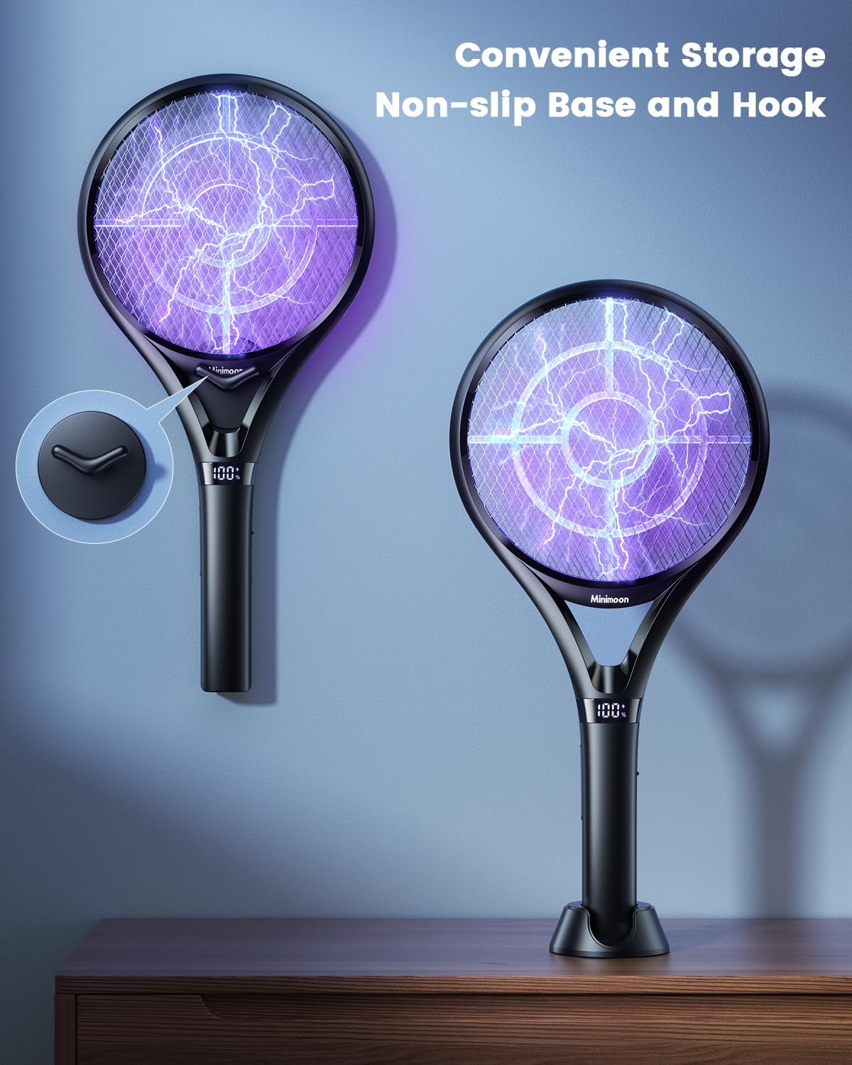 Minimoon Electric Fly Swatter with LED Display, 2000mAh Rechargeable Fly Swatter Racket, 2500V Bug Zapper Racket Dual Modes, Mosquito Killer Lamp with 3 Layers Safety Mesh for Indoor Outdoor Camping