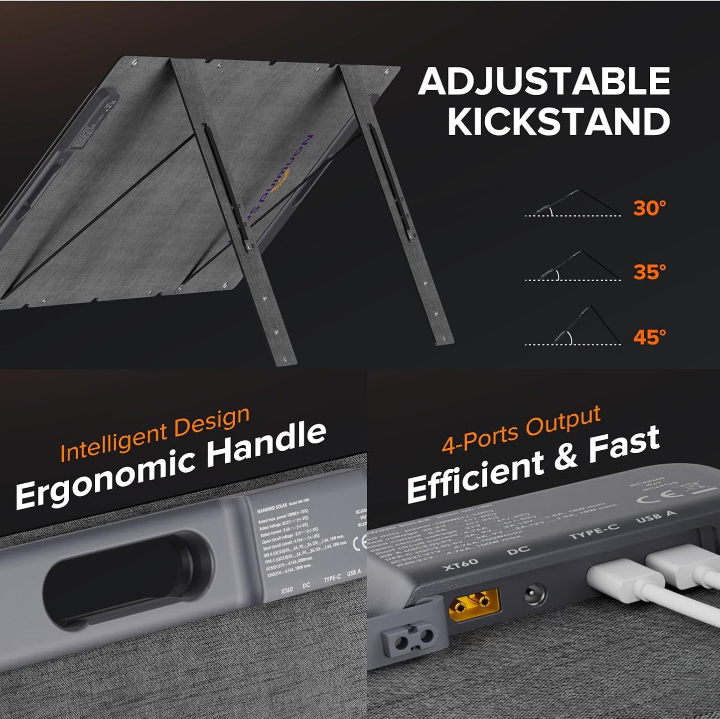 100W Portable Solar Panel for for Camping,RV,Off-Grid-23.5% Efficiency,Lightweight Foldable,USB-A,Type-C & XT60 Output,IP67 Waterproof,IEC Certified