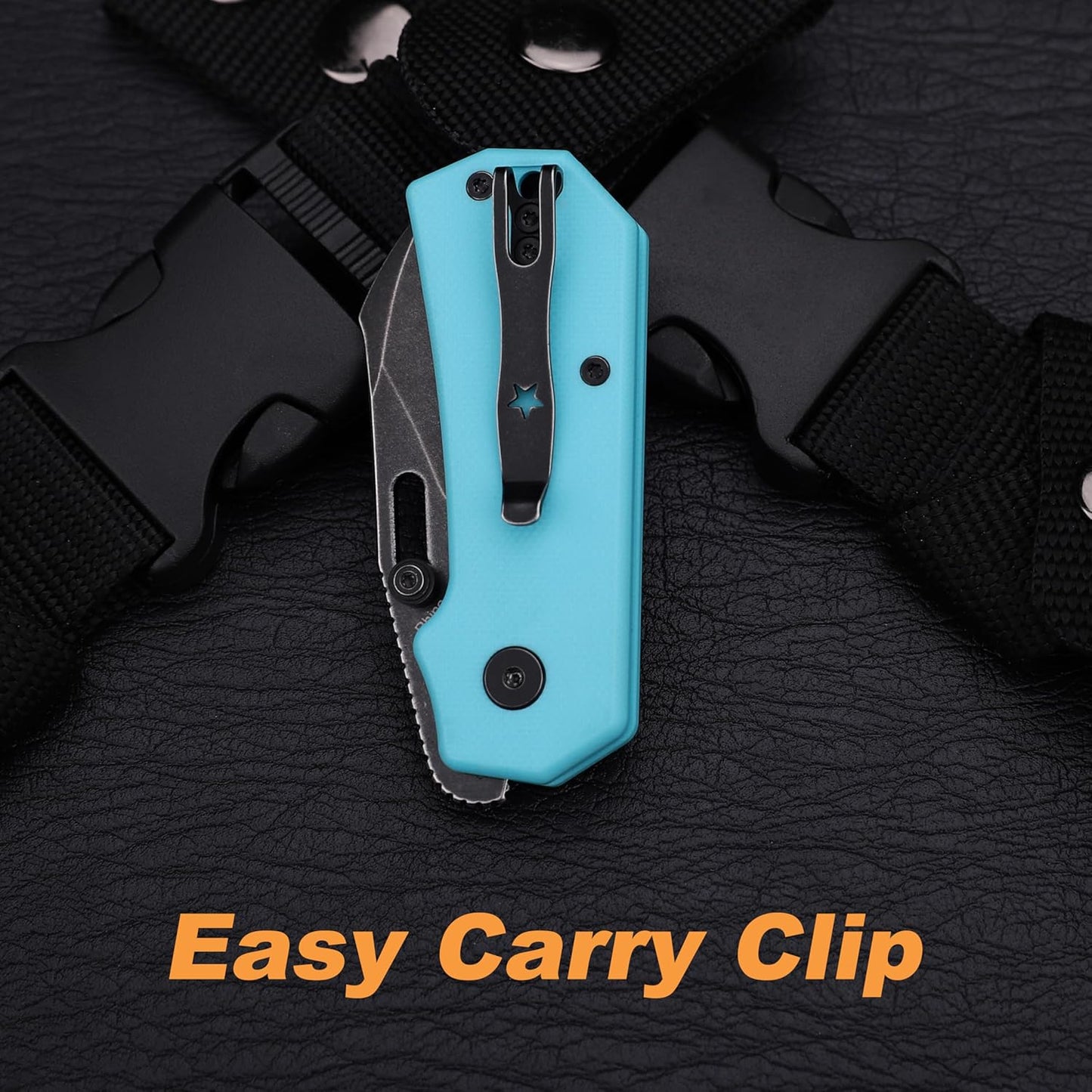 JIN Rhino Pocket Knife, Button Lock Folding EDC Knife Kit, 2" 9Cr18MoV Steel Blade, Stonewash Finish, Blue G10 Handle