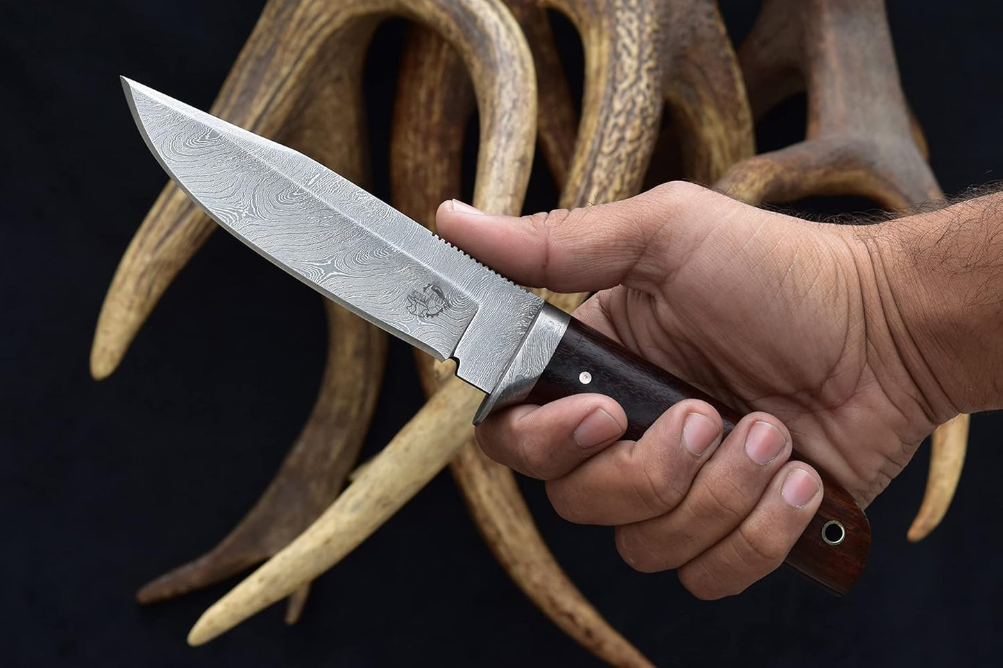 Knives Ranch 9-1/2" Handmade Hunting Knife- Full Tang Damascus Bushcraft Camping Knife- Rosewood Handle-Heavy Duty Leather Sheath (2151-IRW)